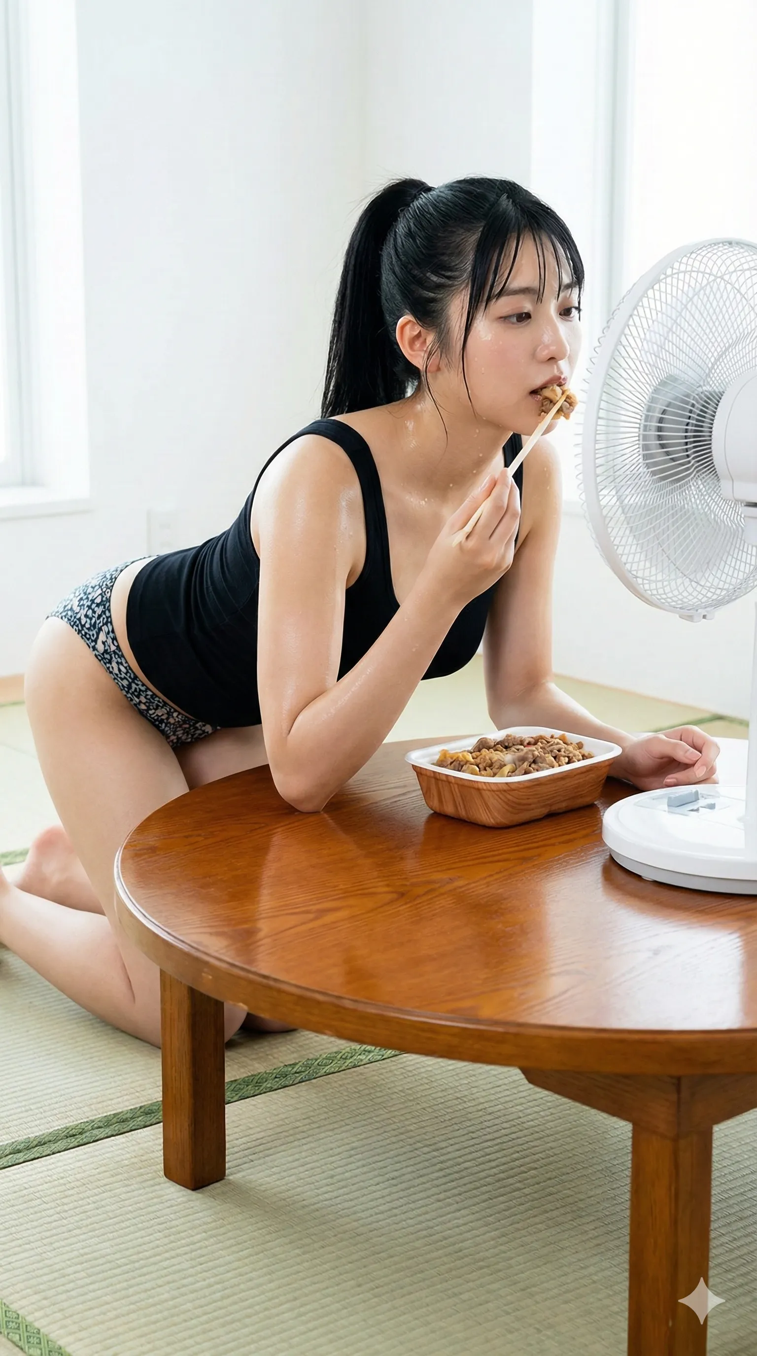 タンクトップの肩紐を外し、食事中に見せる背徳の肩見せショット