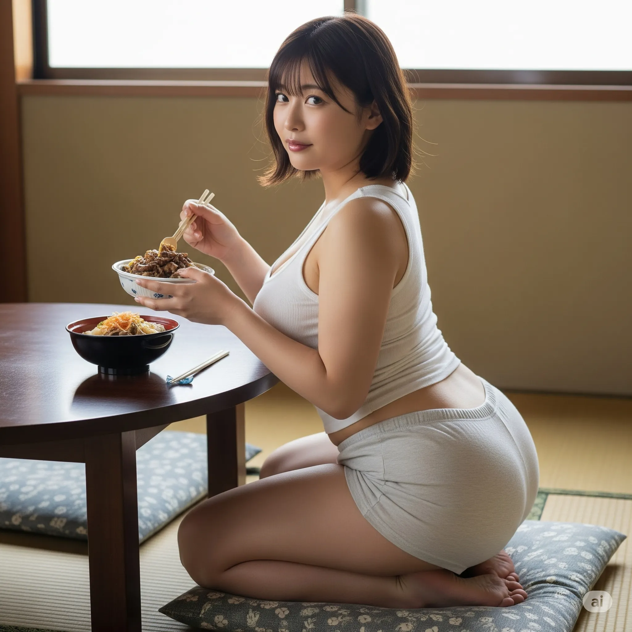 和室に響く扇風機の音と、牛丼美女の生々しいお尻の造形美 高画質