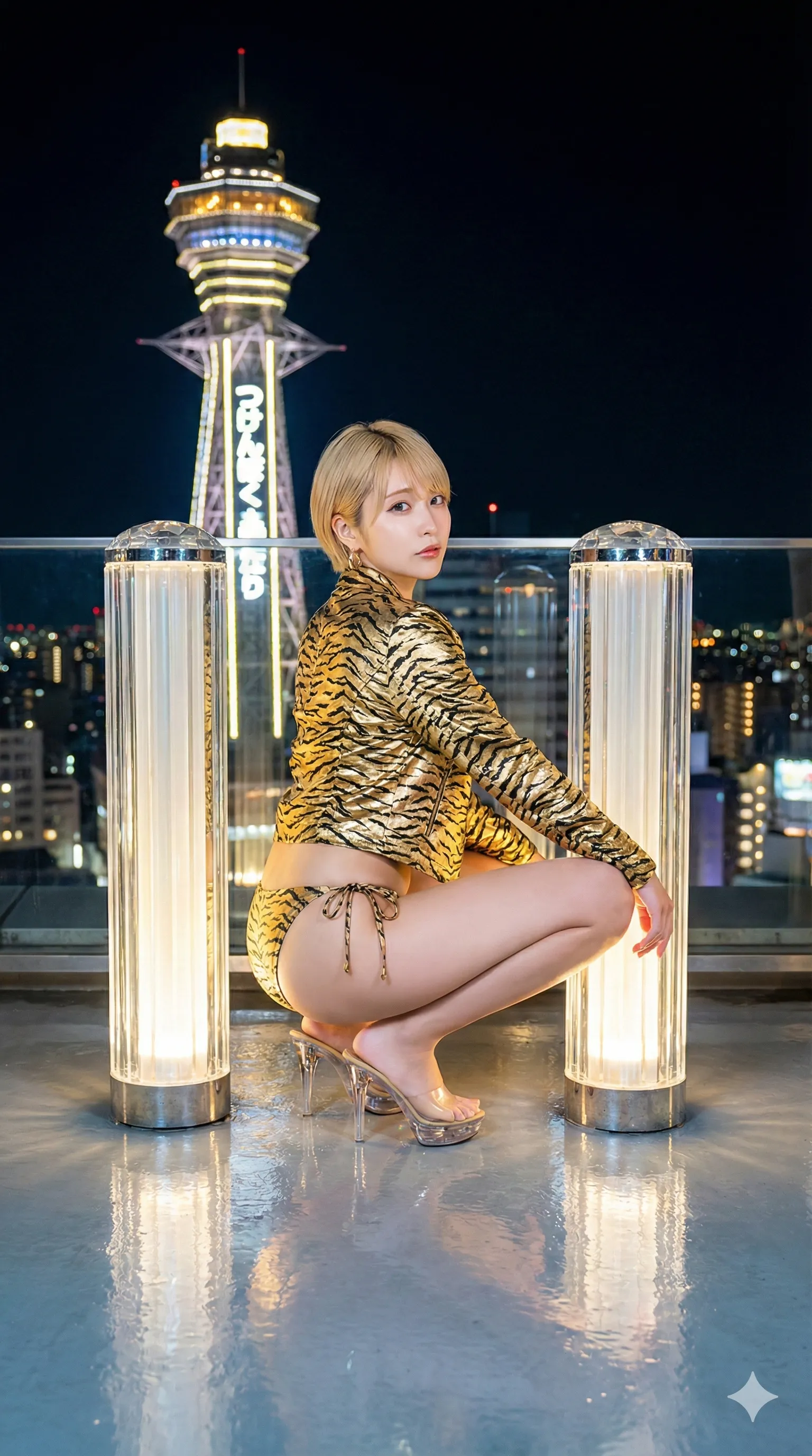 金髪美女の振り返りショットと虎柄の誘惑