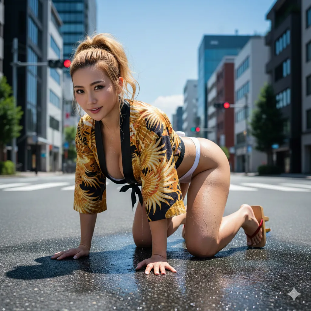 はっぴの裾が揺れる前傾ポーズのバックショット