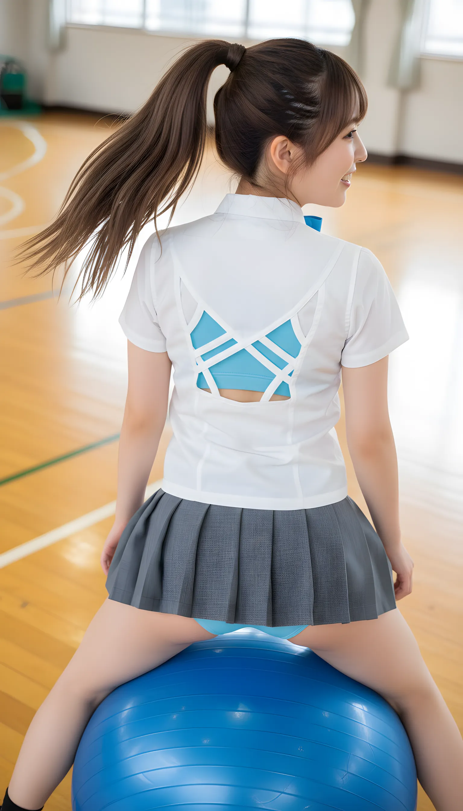 女子高生 ボールでバランス 究極の曲線 039