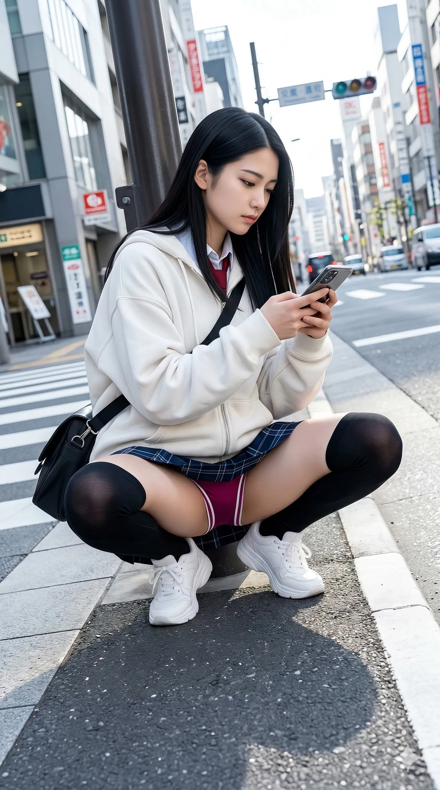女子高生 制服 横断歩道 M字開脚 001