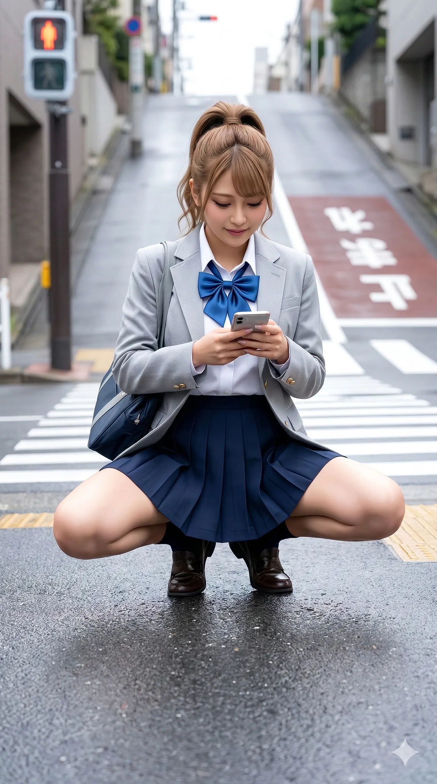 横断歩道 制服美女の開脚姿 039