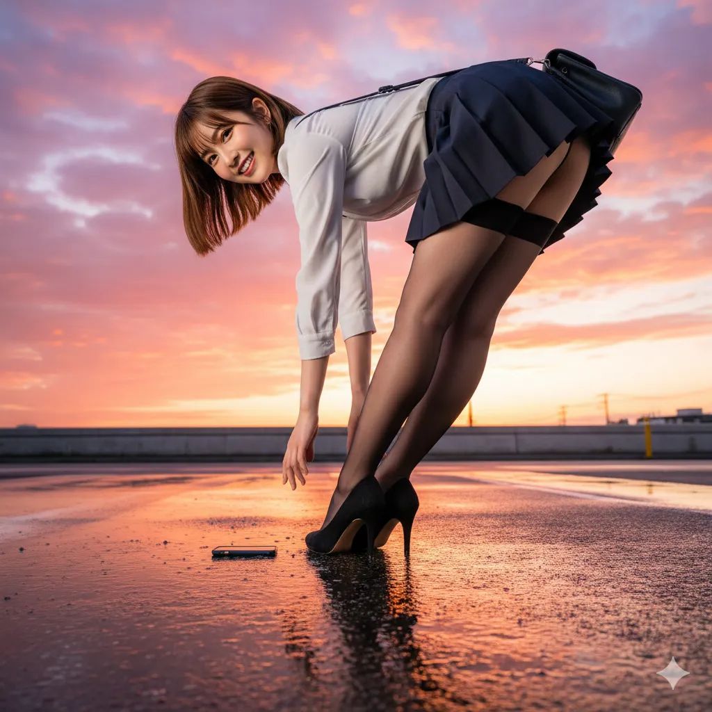 ミニスカートがめくれ上がり、パンチラ寸前の背徳ショット