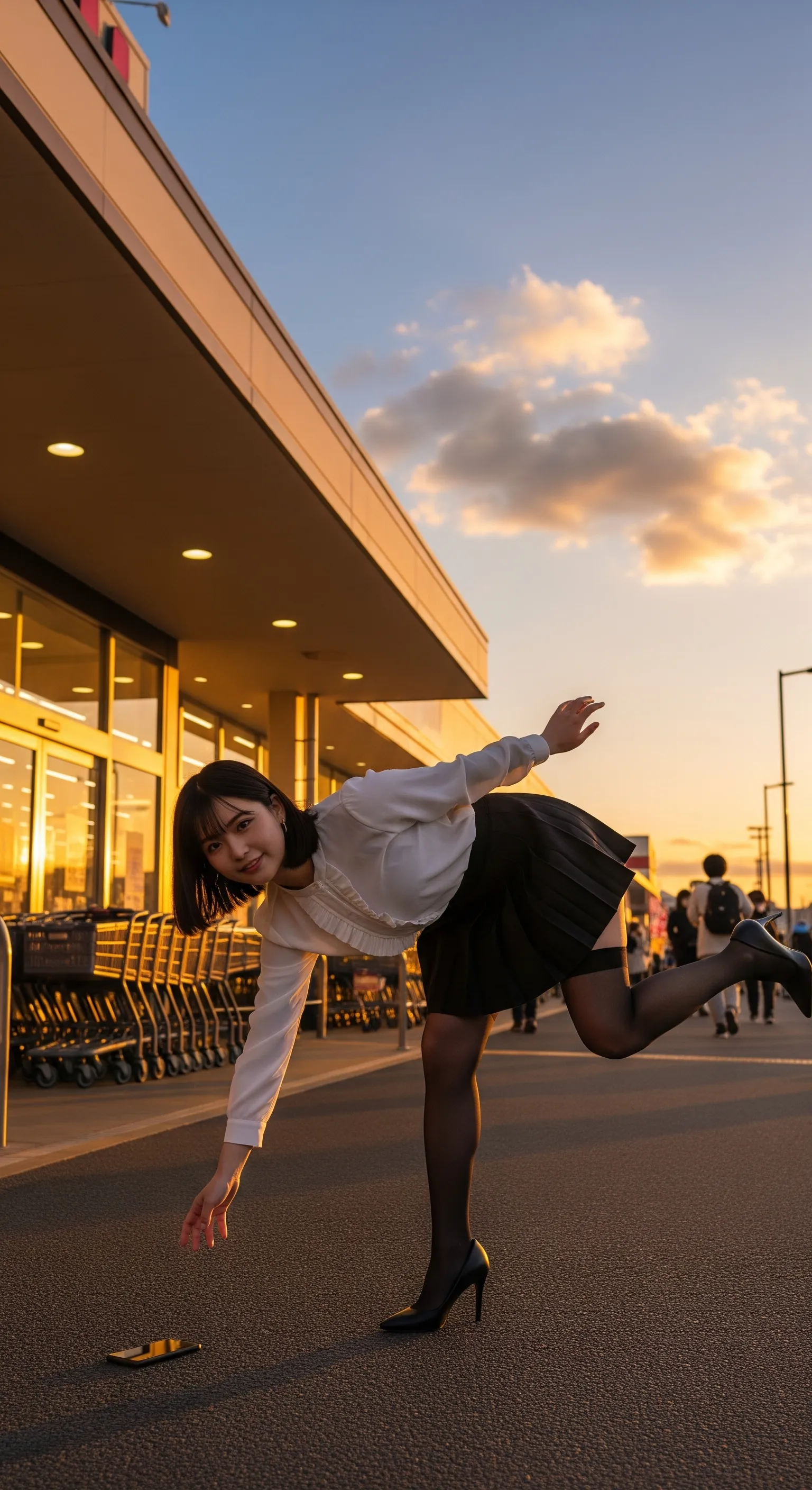 脚を交差させ、バランスを保つ瞬間のしなやかな脚線美