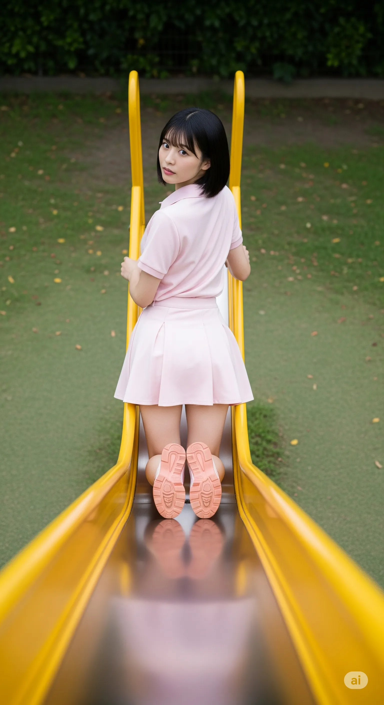 ピンク白衣の保育士が公園遊具で見返り 四つん這いショット 009