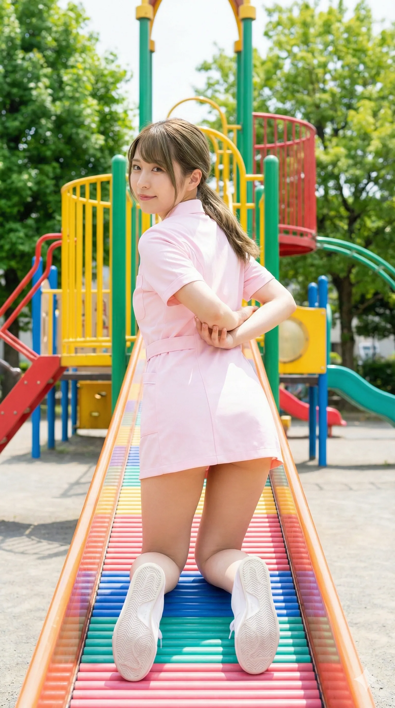 公園の遊具で四つん這いになる保育士 尻ラインが美しい 020