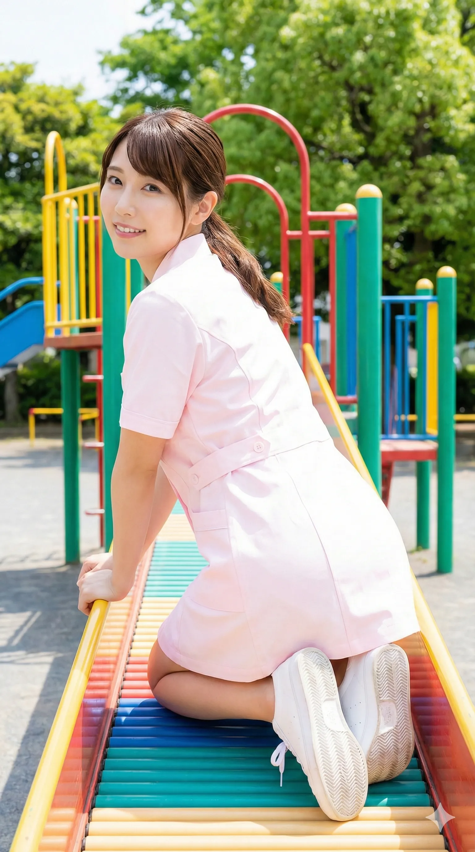 公園で膝立ちする保育士 尻フェチ向けピンク白衣ショット 022