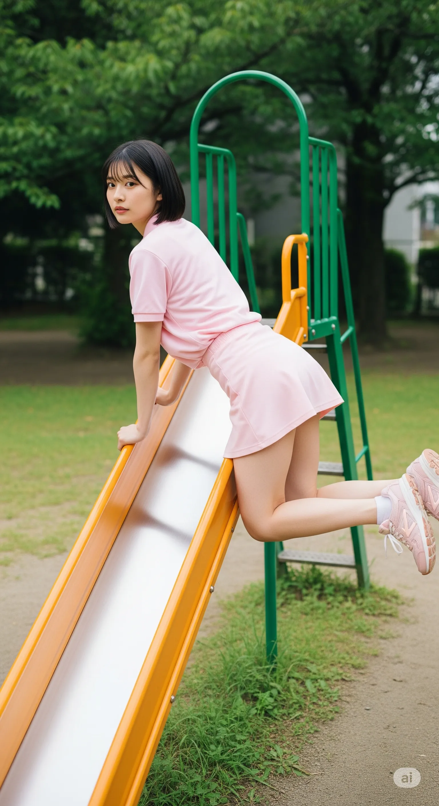 金髪保育士 公園の遊具で見返る 太ももフェチ構図 043