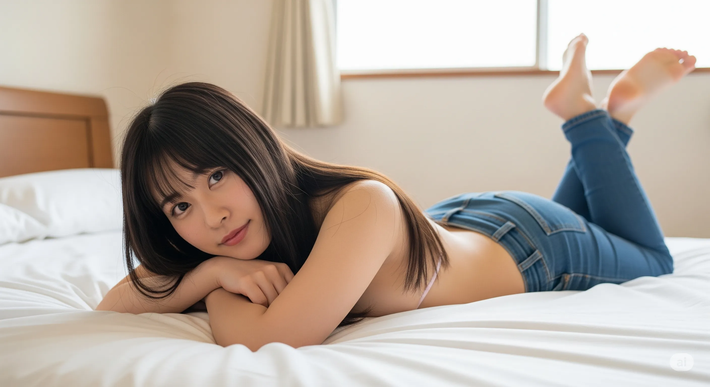 手で胸を隠しながらこちらを振り返るデニム美女の誘惑 エロ画像