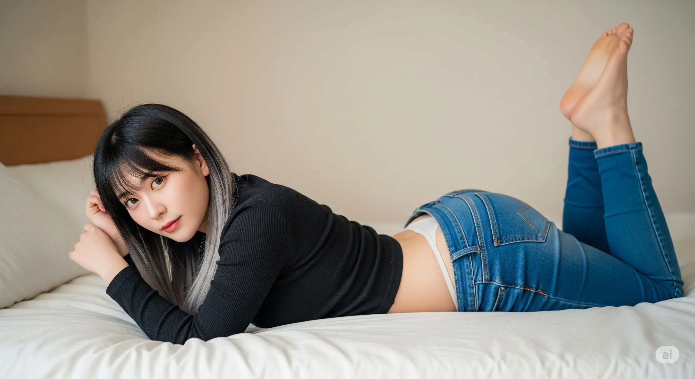 ジーンズのファスナーに手をかける、着替え途中のような背徳エロ画像