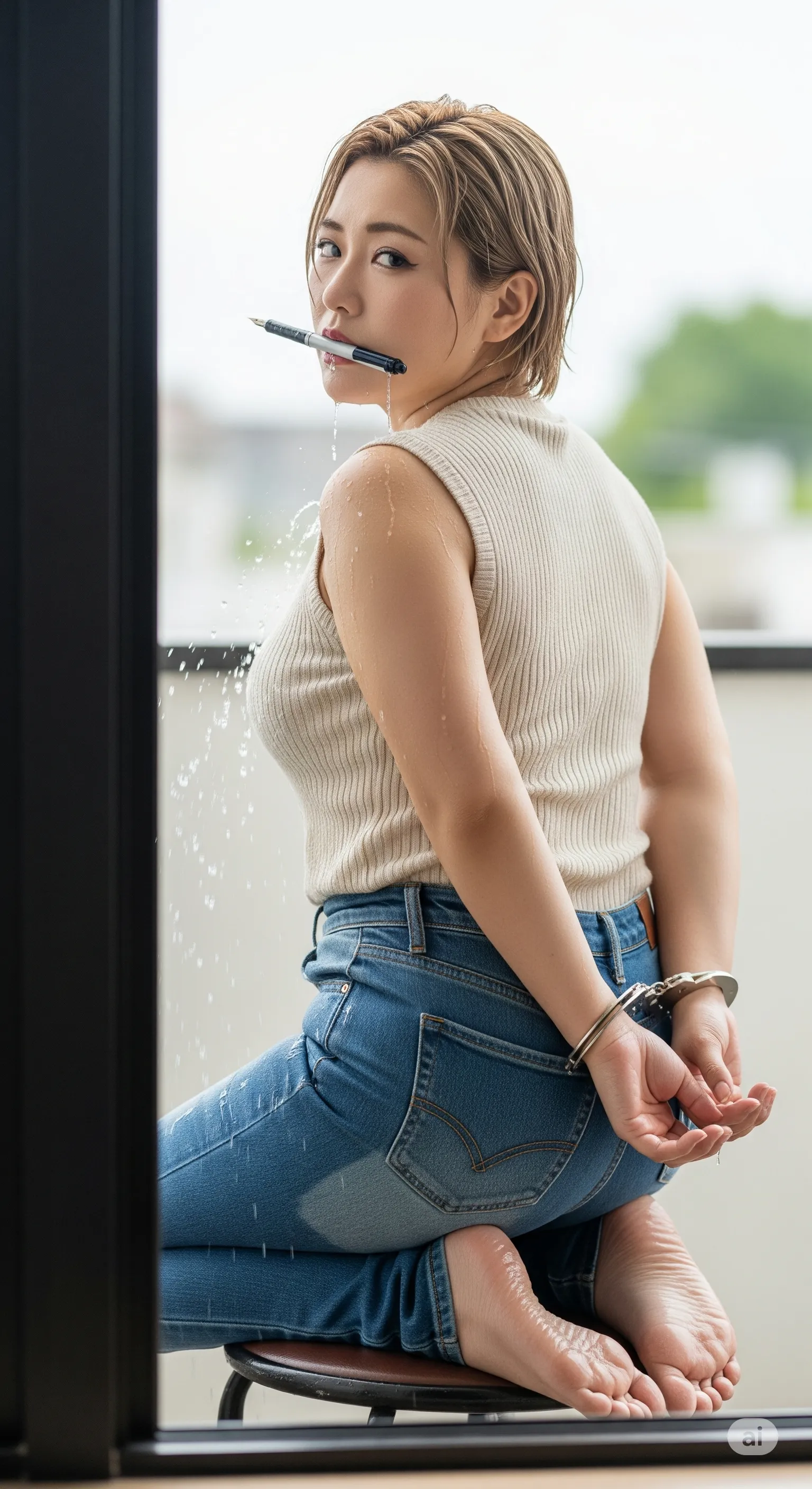 椅子に座り振り返る濡れデニムの女性