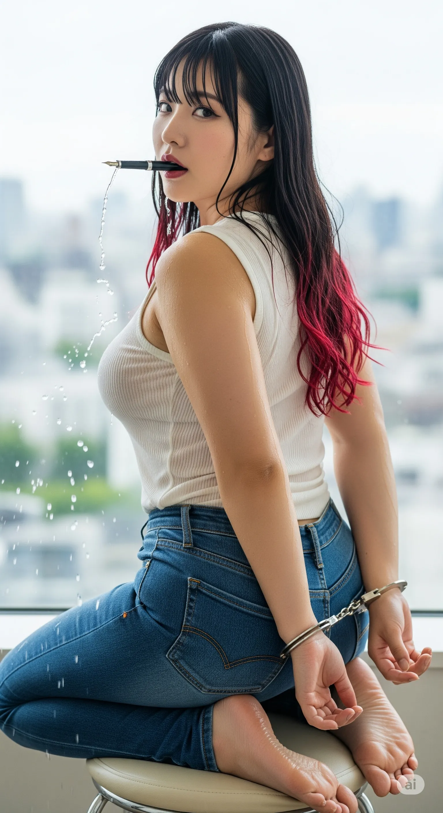 大きな窓辺で見せる人妻の無防備な姿