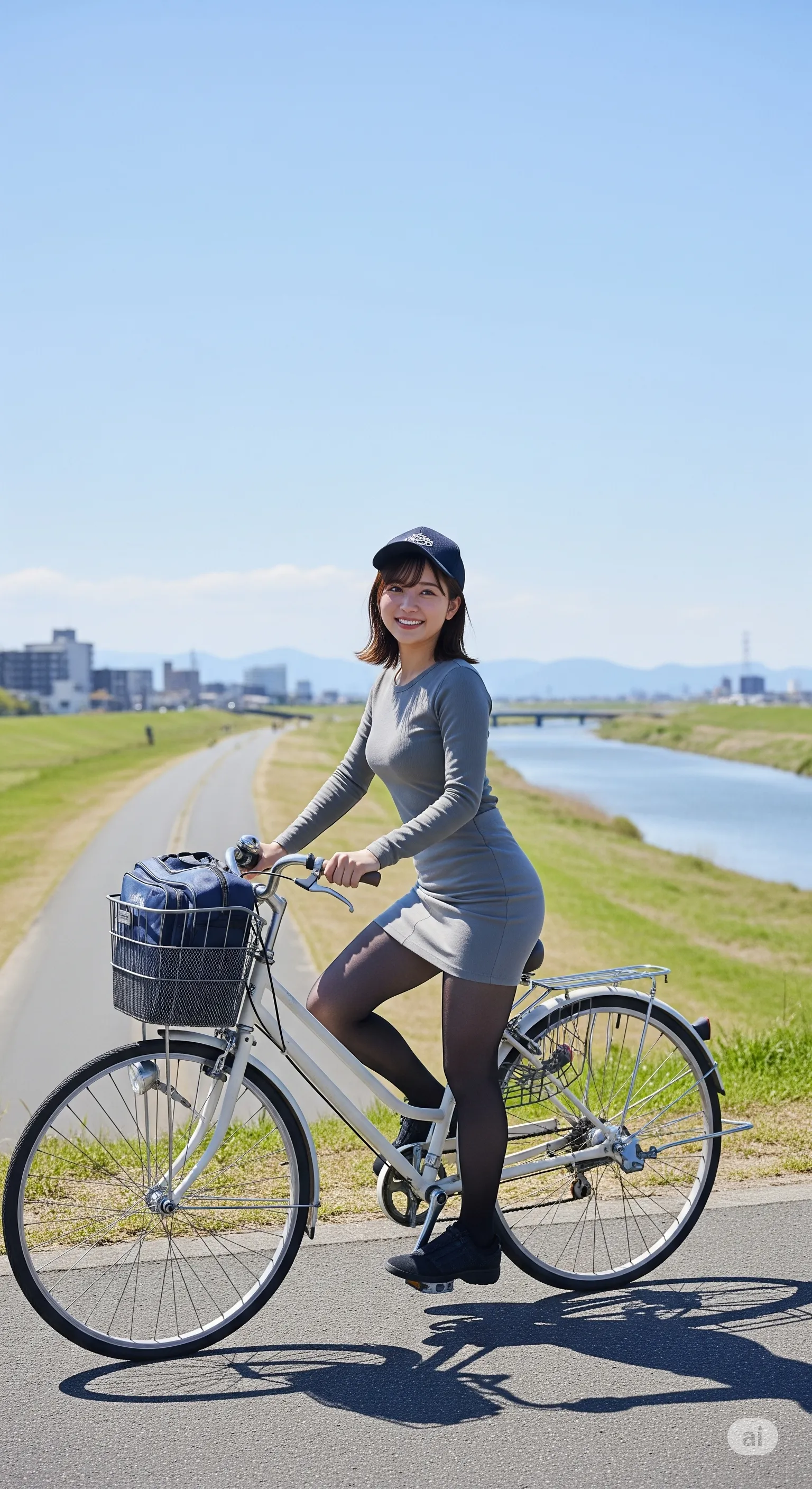 スカートをなびかせながら自転車を走らせる美魔女の後ろ姿