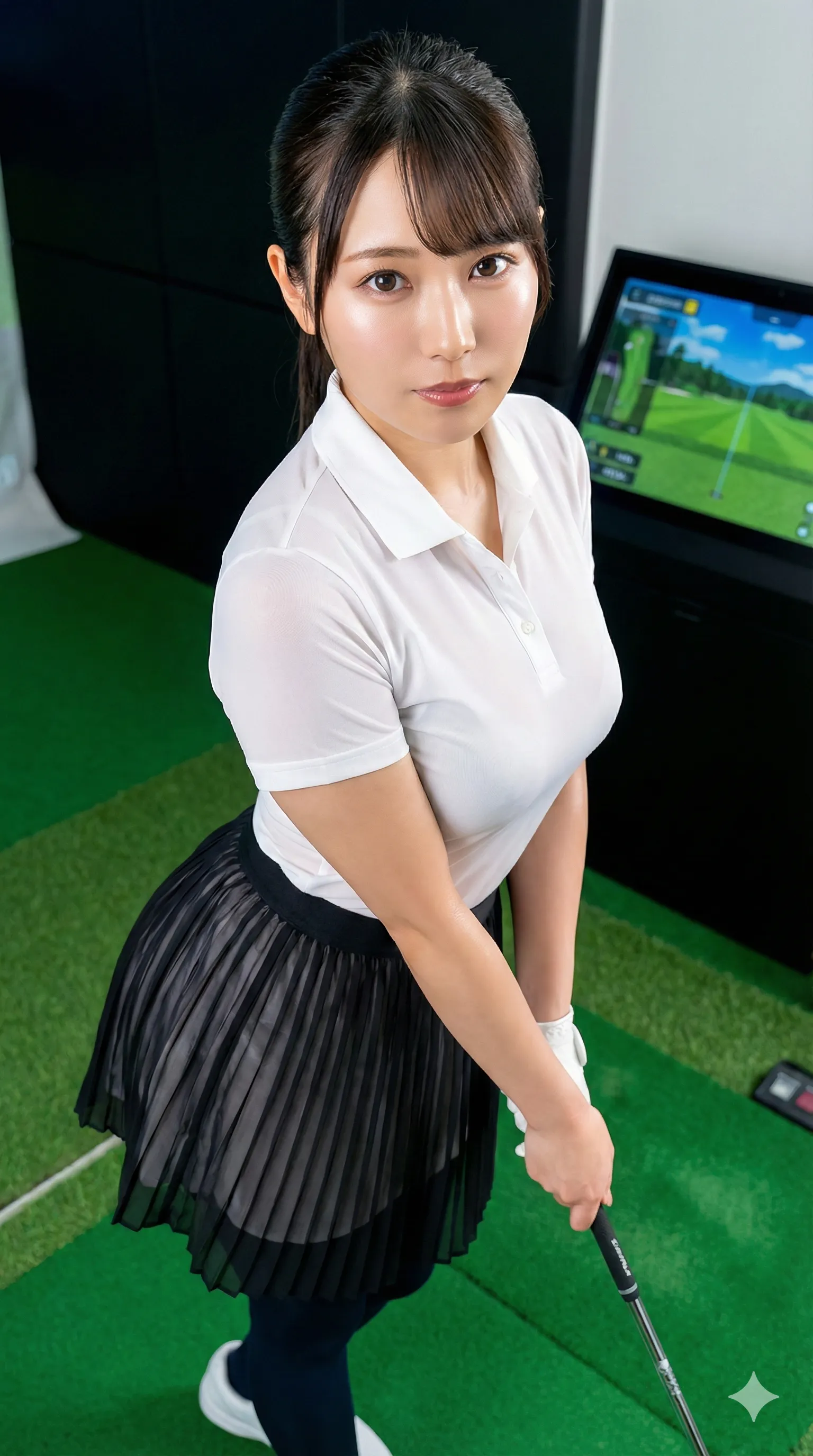 インドアで練習する巨乳ゴルフ美女のセクシー画像 009