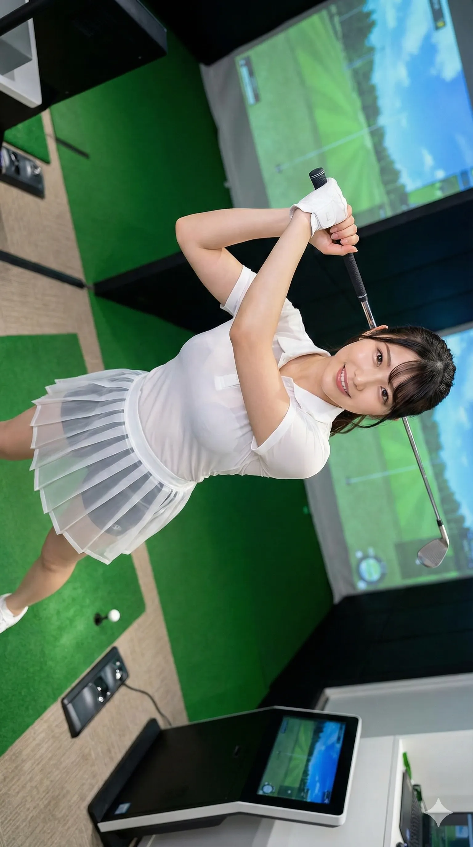 インドアで練習する美女の巨乳スイング姿 015