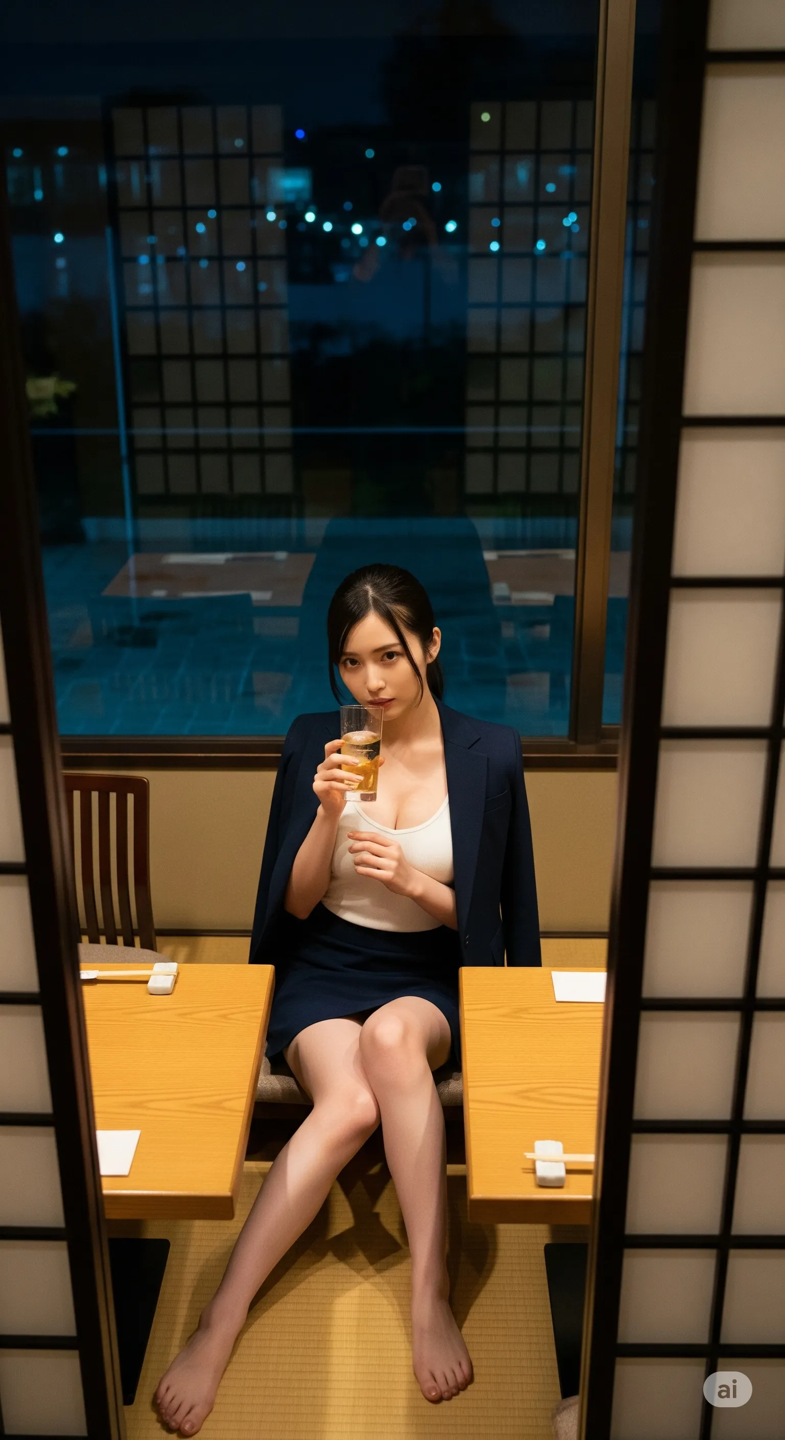 オフィスのデスクに寄りかかる、肉感的なS字シルエット