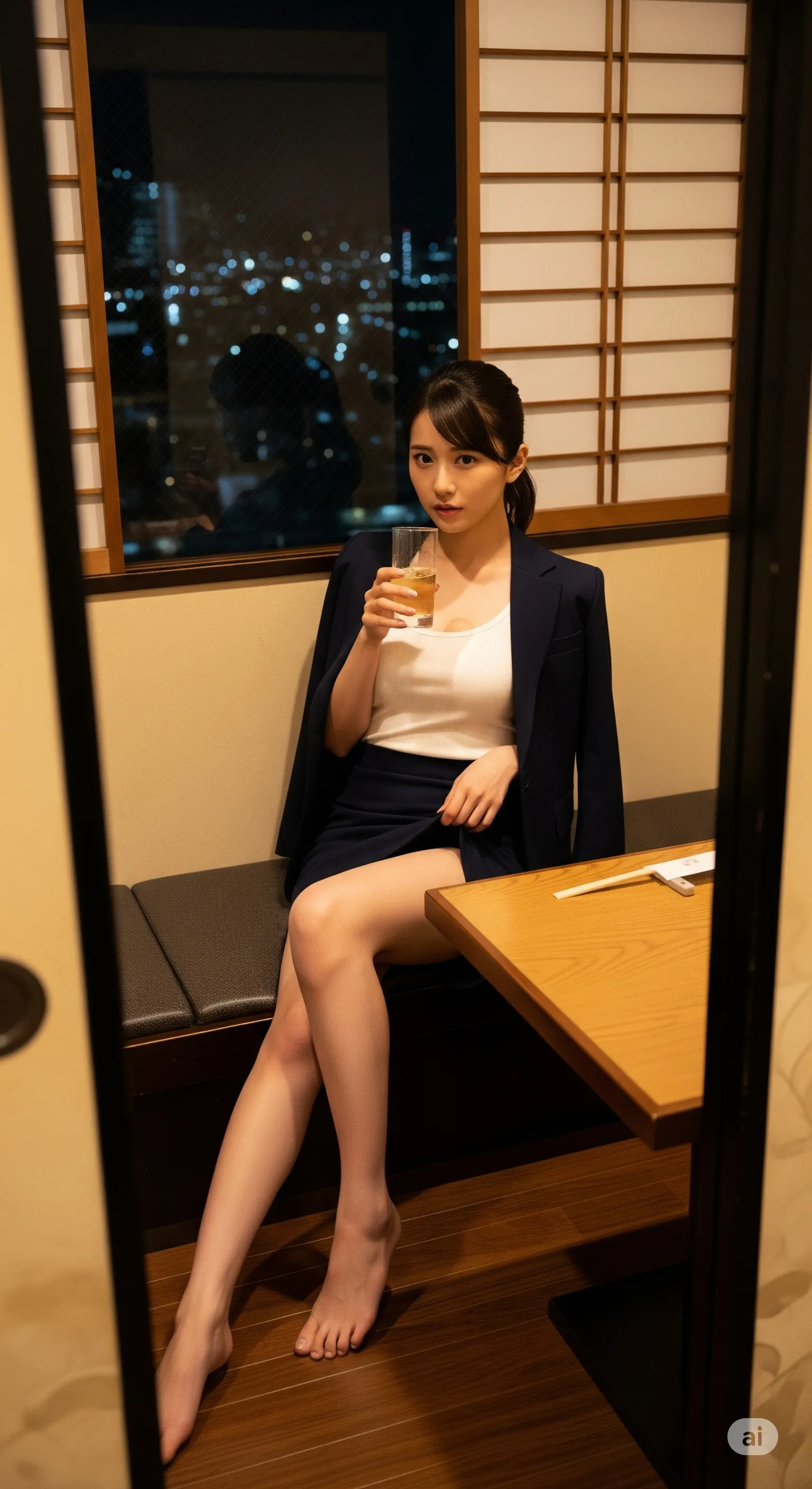 清楚なスーツを武器に変える、大人の女性の誘惑ポーズ