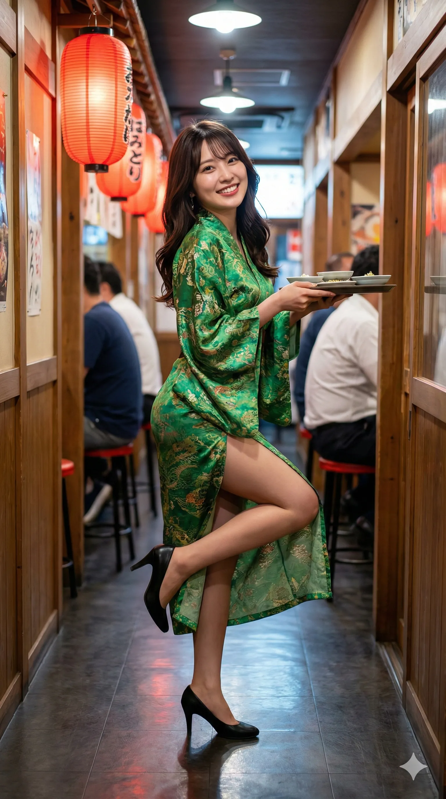 居酒屋ホールスタッフ美女の微エロ画像集｜和服姿で太ももチラ見せのセクシーグラビアショット