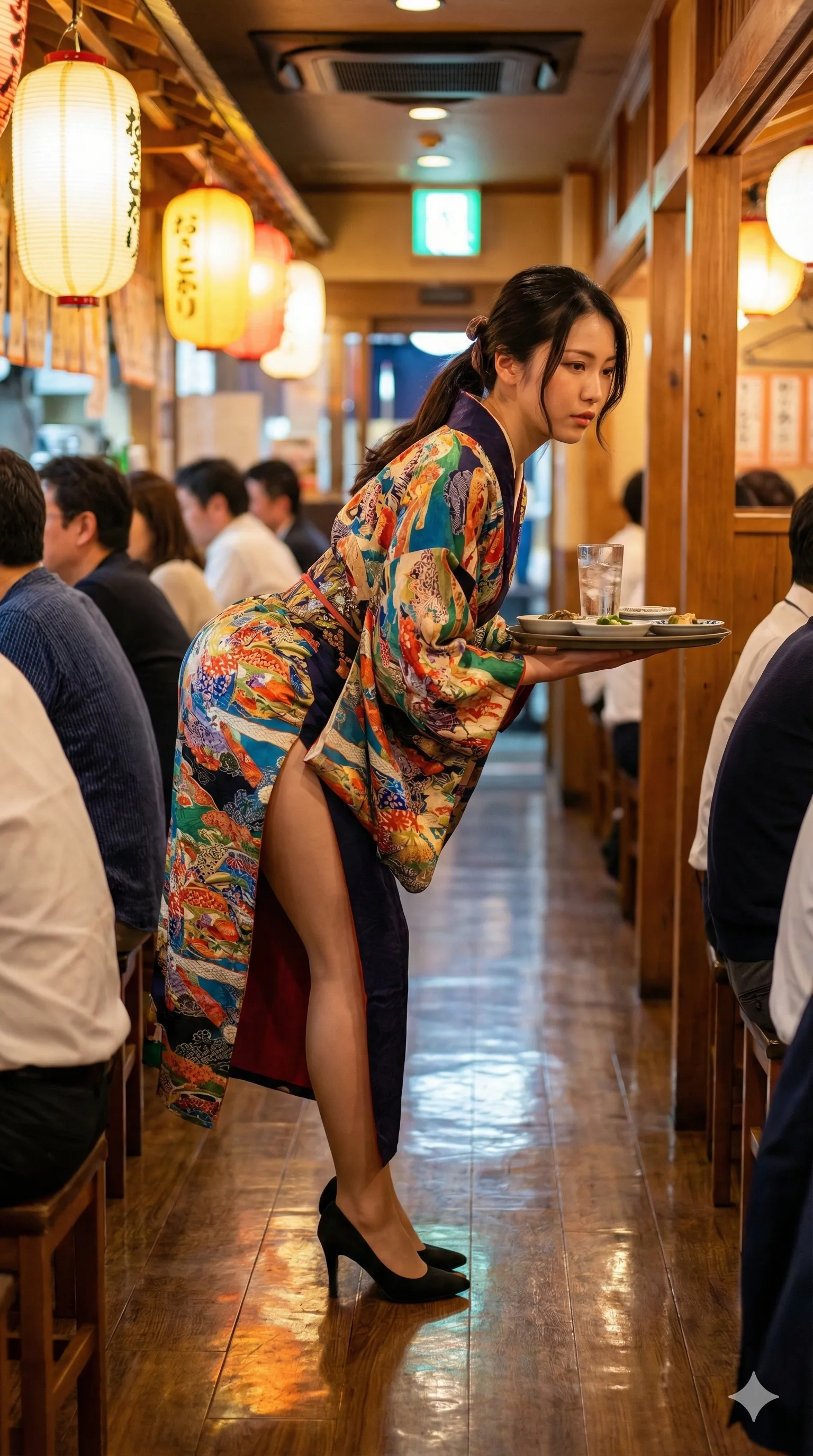 着物の裾からのぞく白い太ももが眩しいバックショット