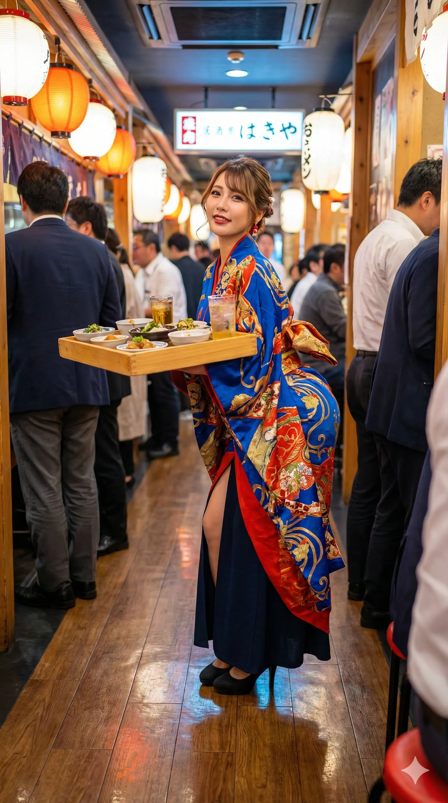 居酒屋の照明に映える、和装スタッフの官能的な後ろ姿