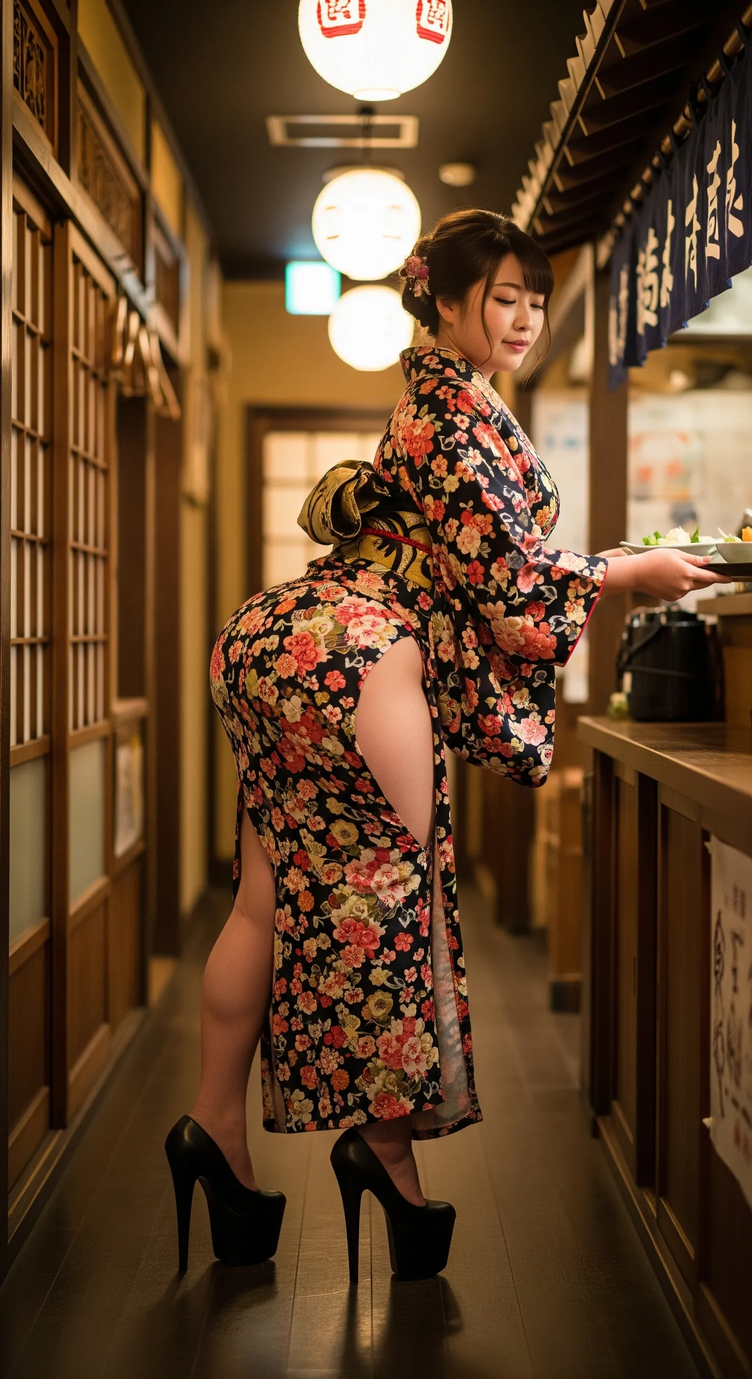 働く女性の力強さと、和服の柔らかさが同居するバックアングル