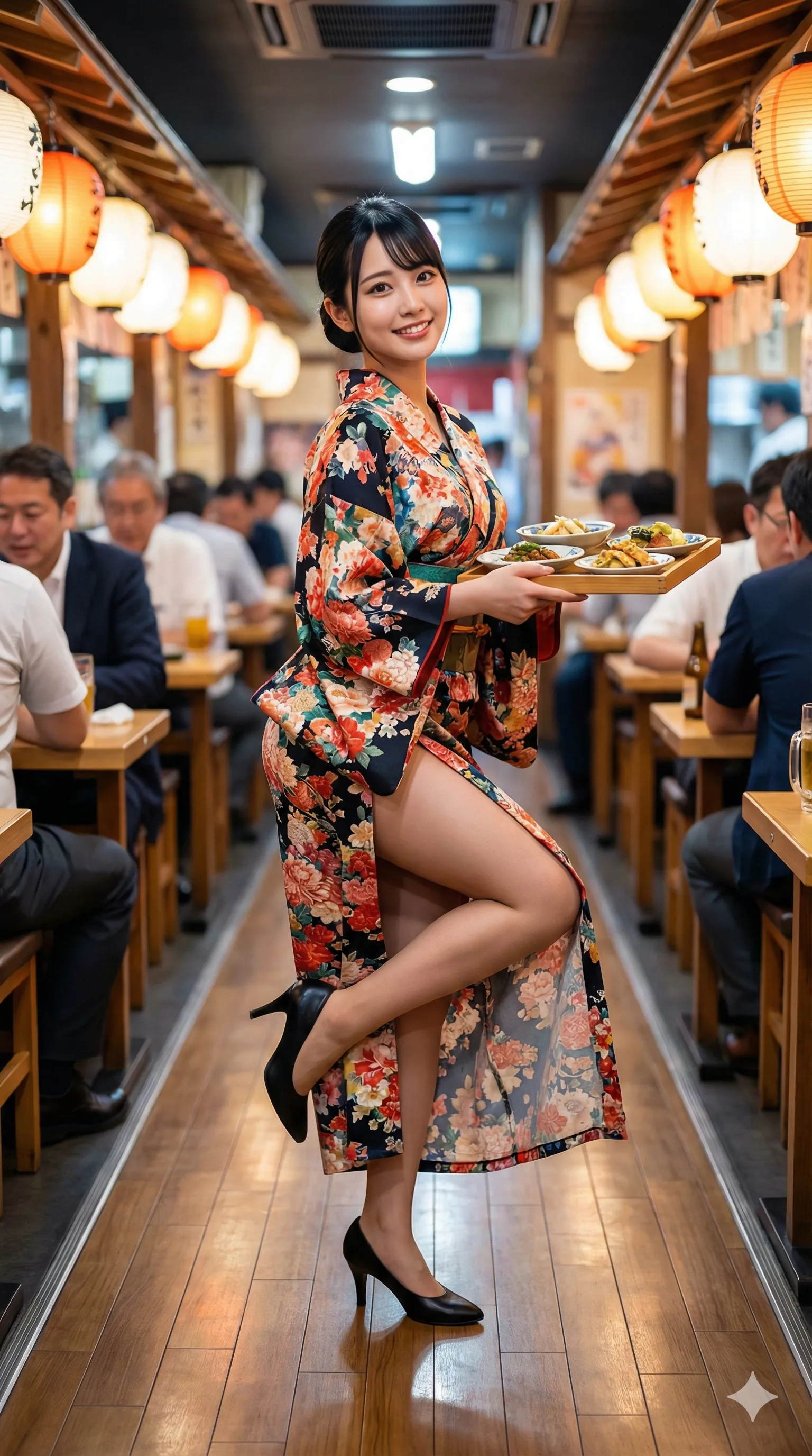 振り返りざまの視線と、はだけた裾から見える艶脚