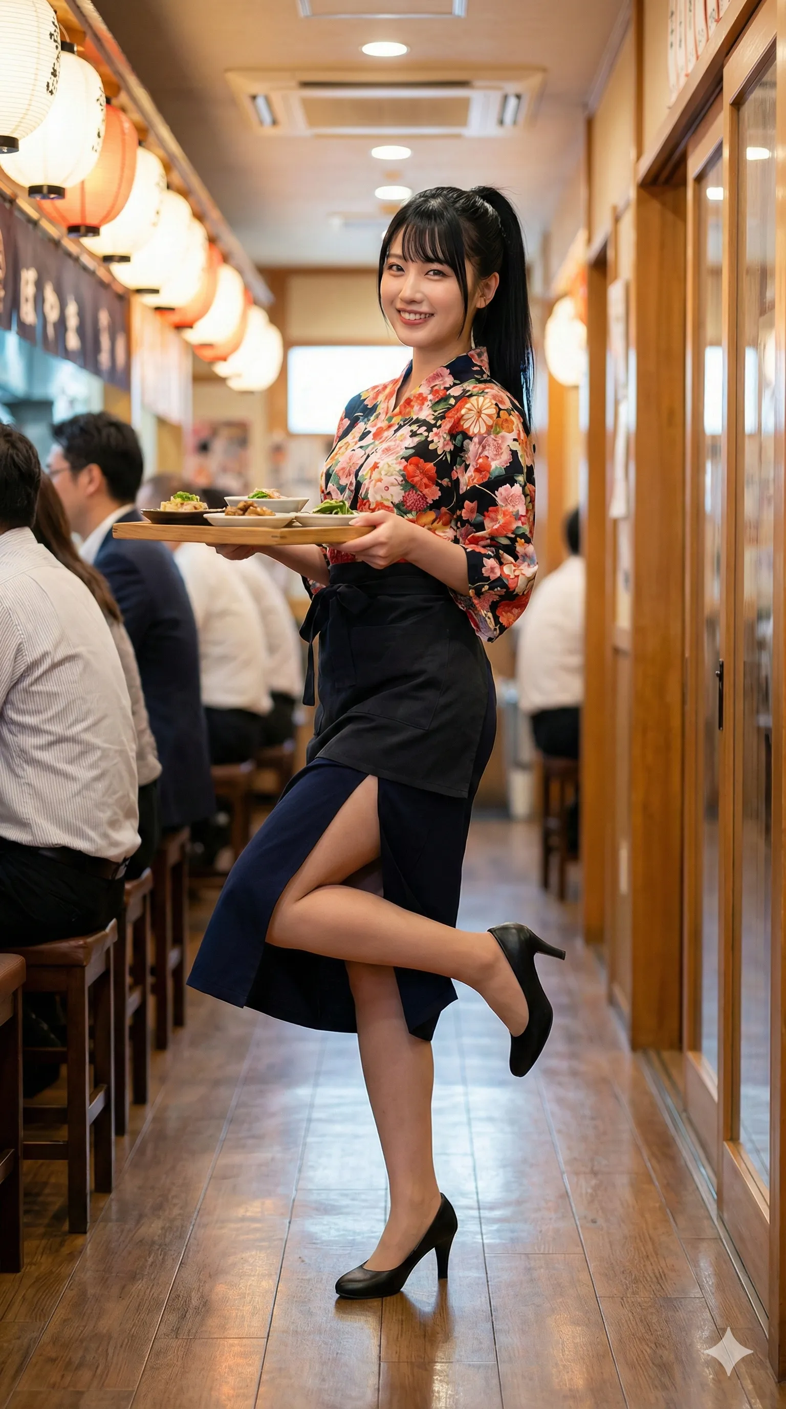 膝をついて接客する際の、お尻の丸みと帯のコントラスト