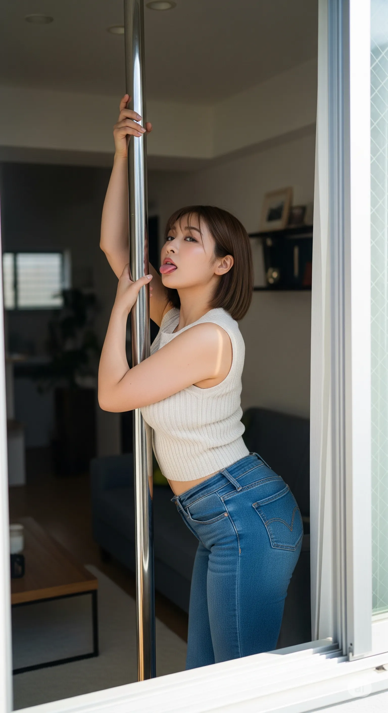 30代若妻・40代美魔女の微エロ画像集｜デニム姿でポールと戯れる巨尻フェチグラビア