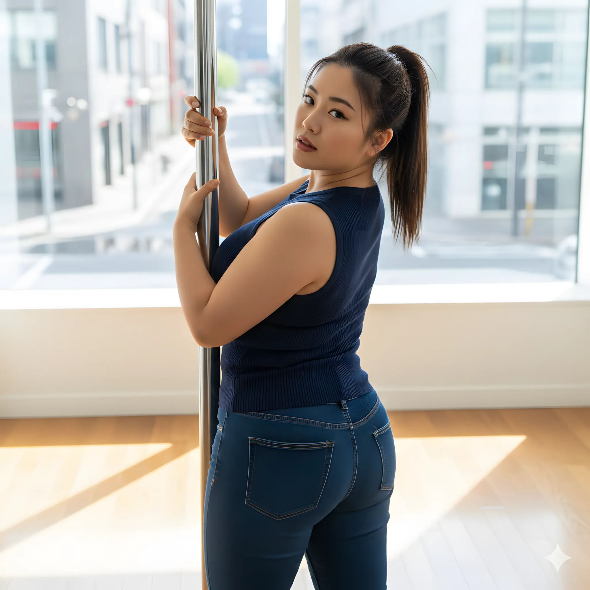 ポールに寄り添う姿勢が色気を帯びる