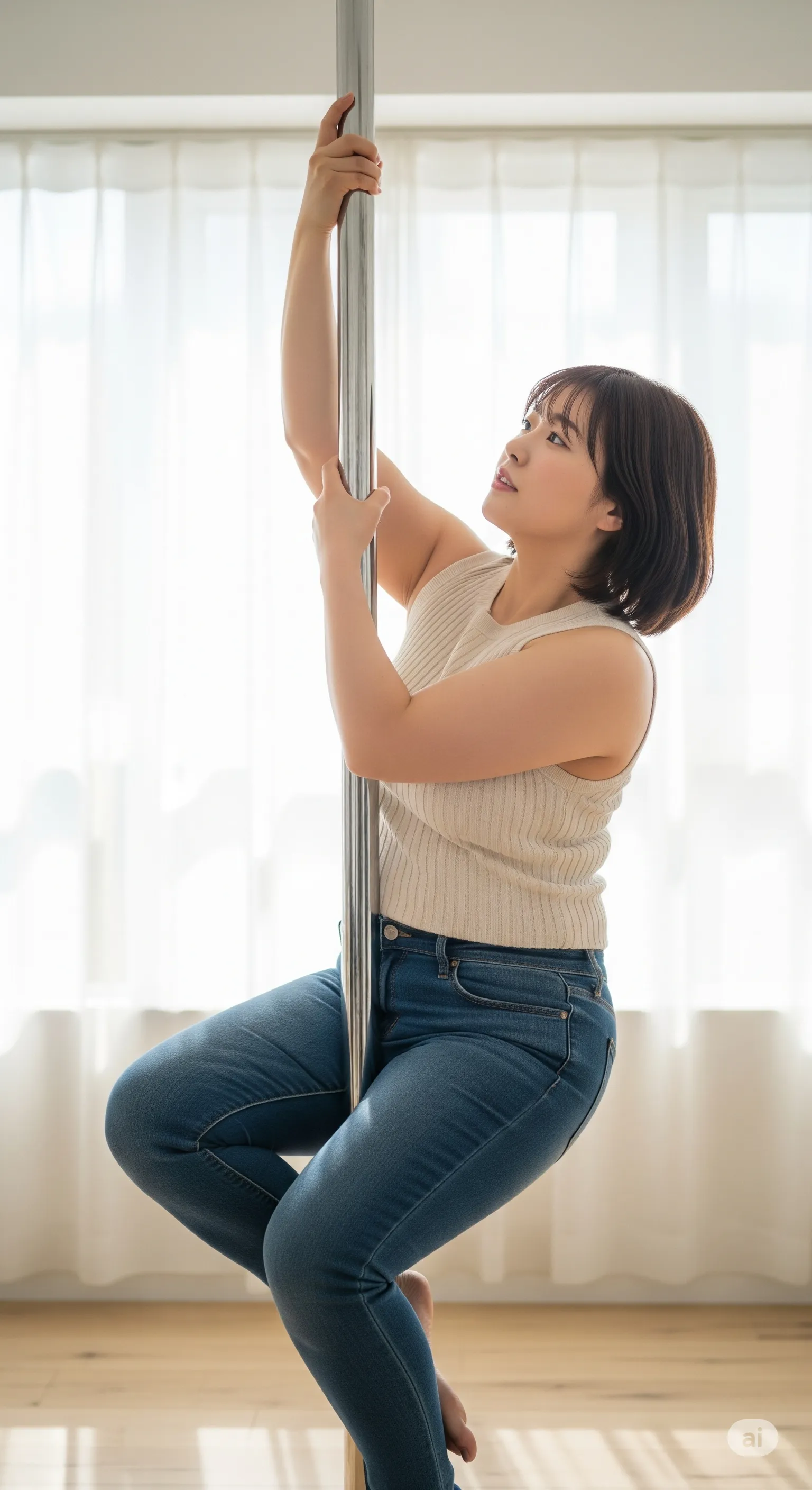 ポールを抱く姿が大人の微エロさを引き立てる