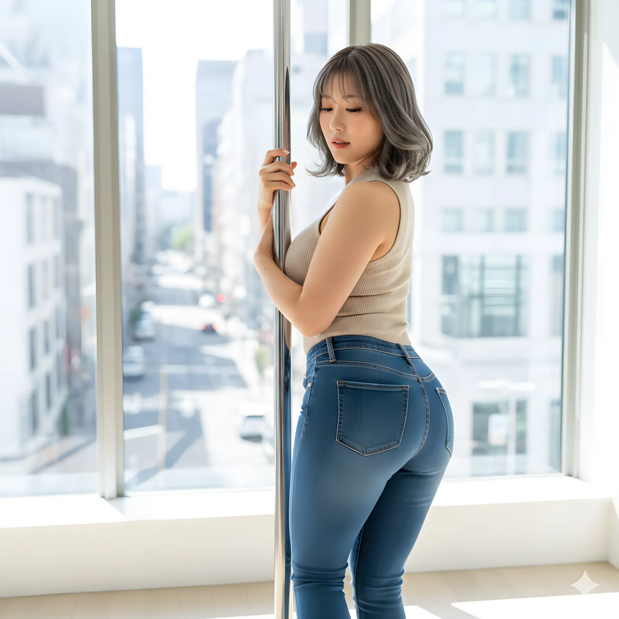 視線の強さとヒップの丸みが共鳴する一瞬