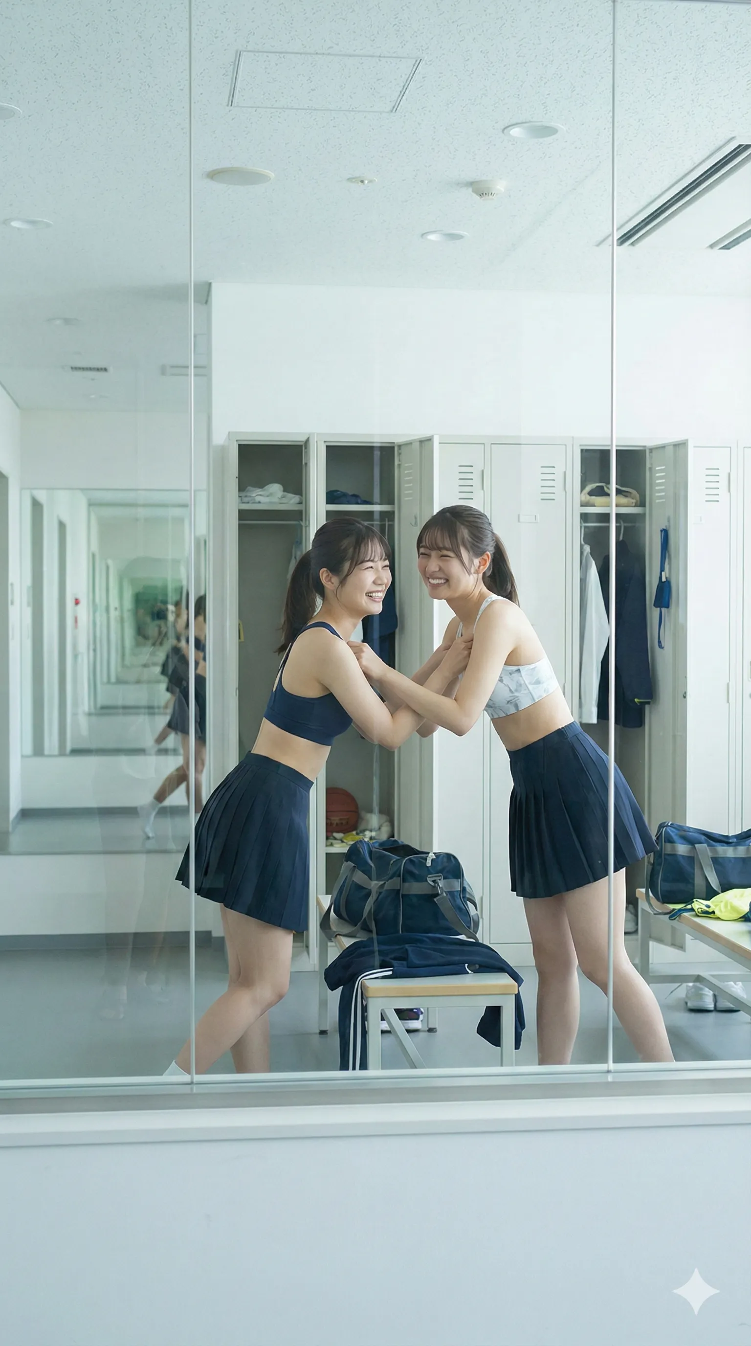 更衣室で並ぶブラとスク水美女の距離の近いフェチショット 022
