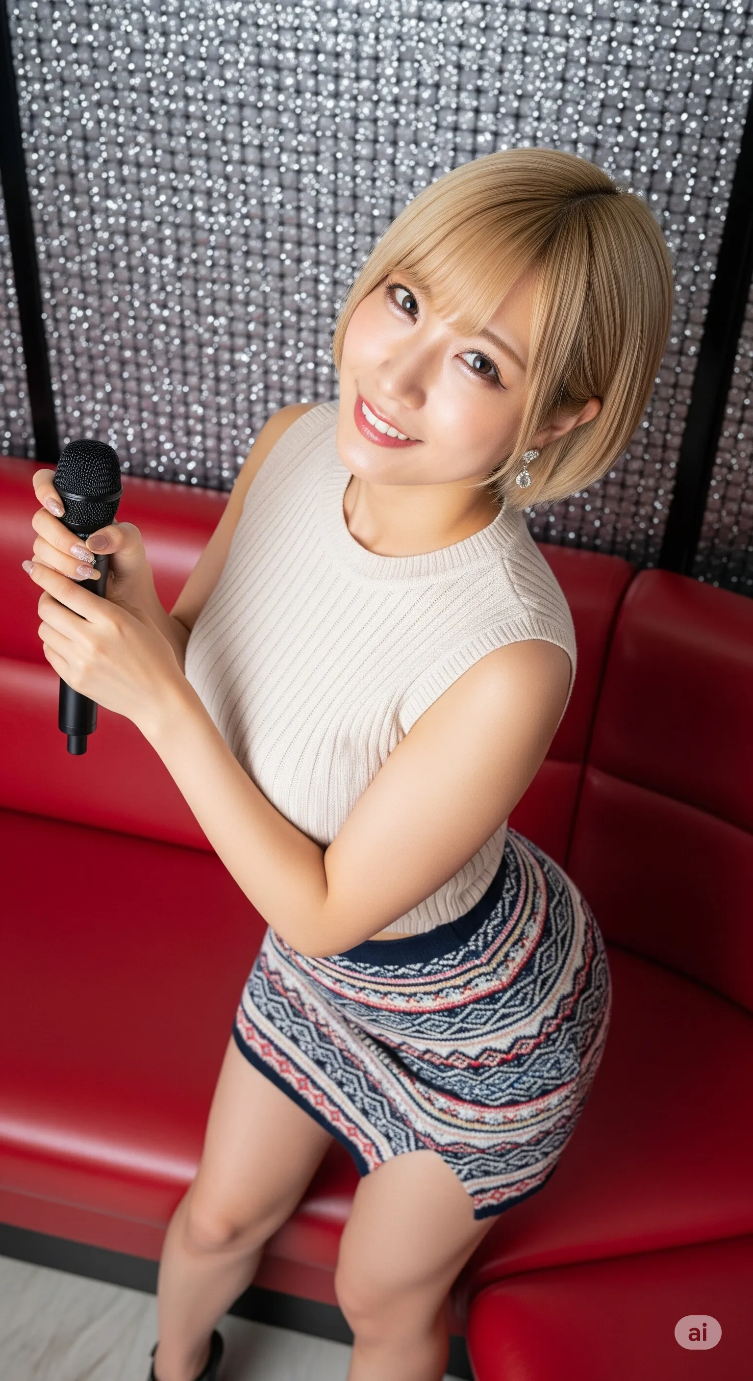 カラオケのマイクを握りながらこちらを振り返る私服女子 グラビア