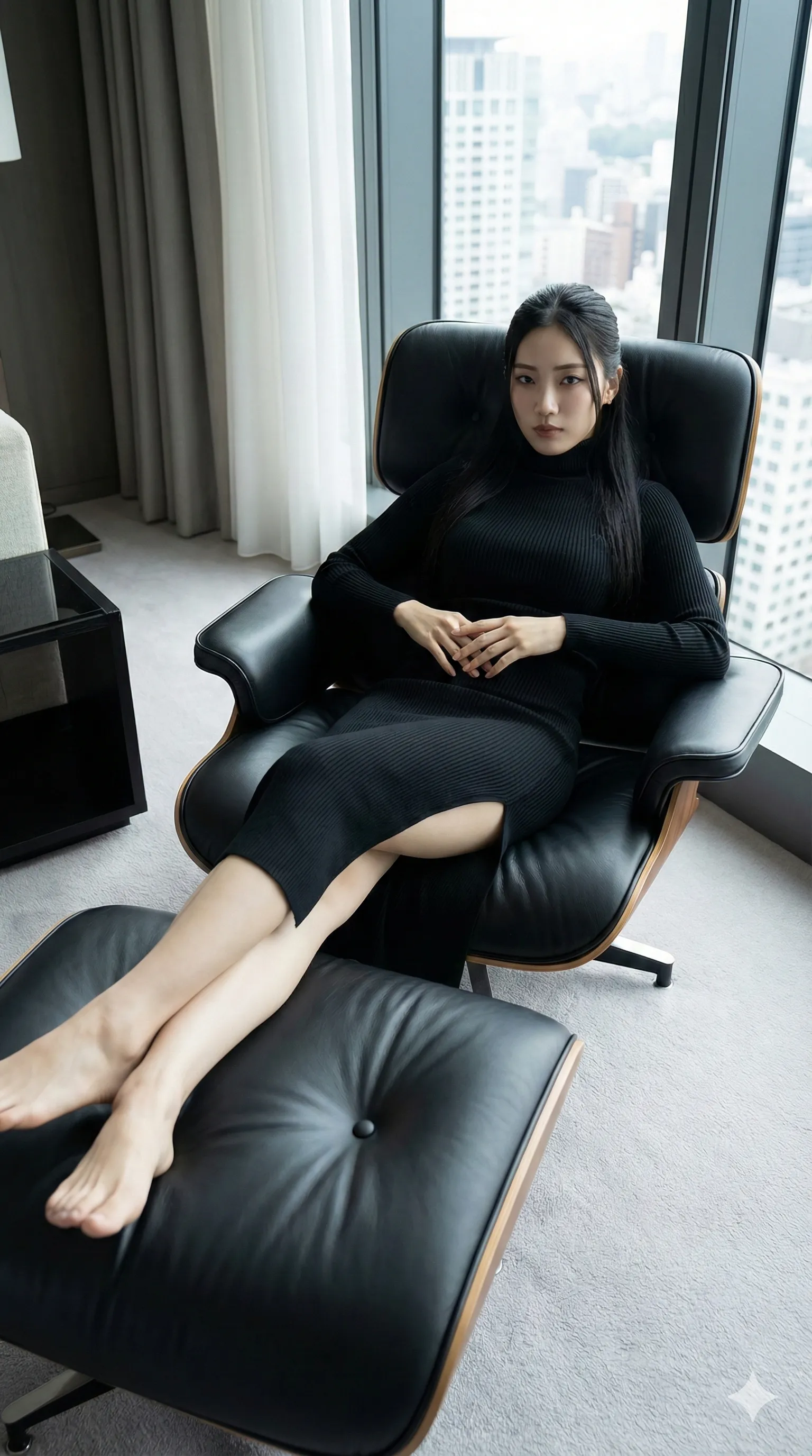 ソファの上で脚を組み、足先を強調する足フェチアングル