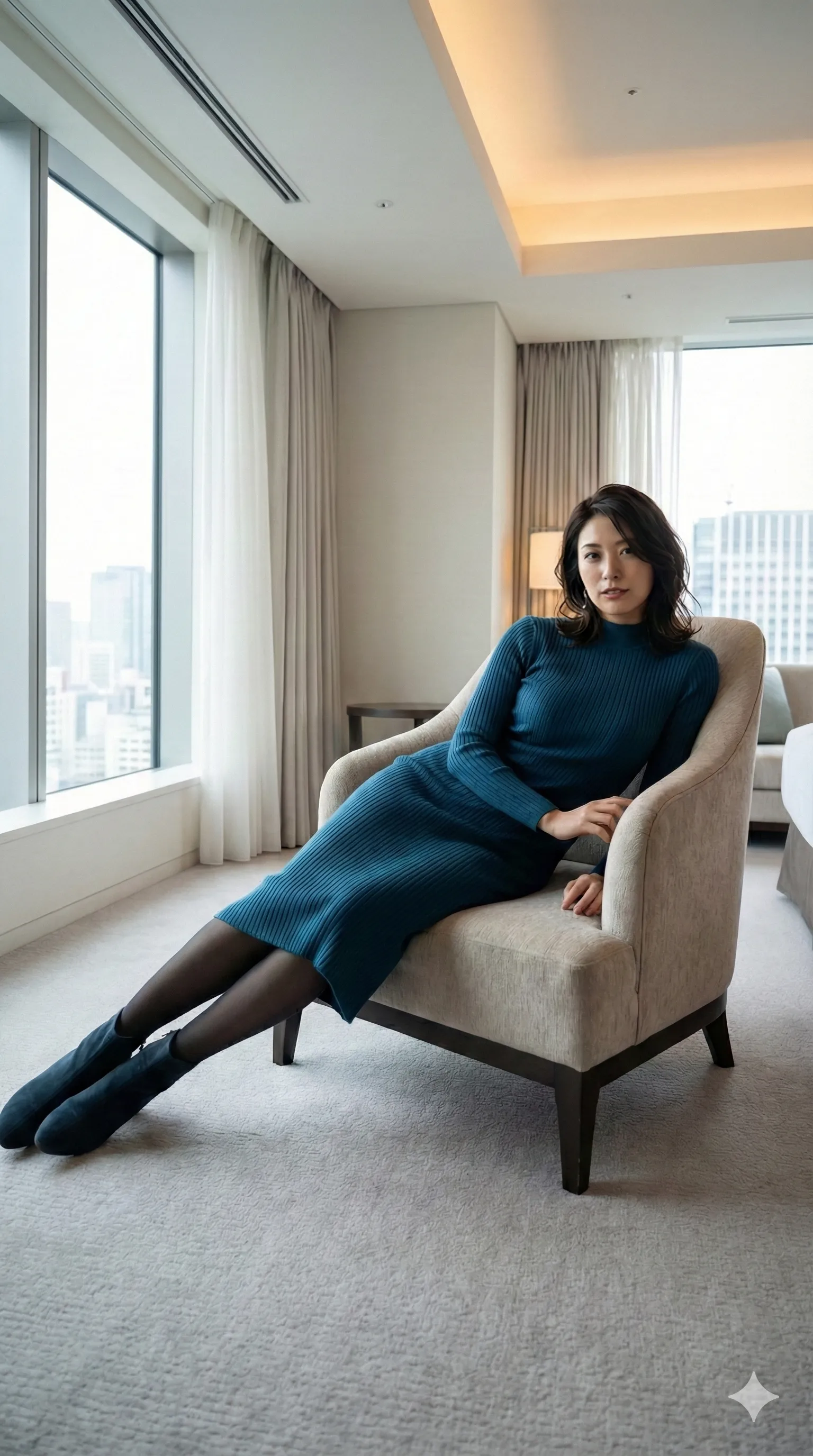 ニットの裾を少し持ち上げ、絶対領域を意識させる瞬間