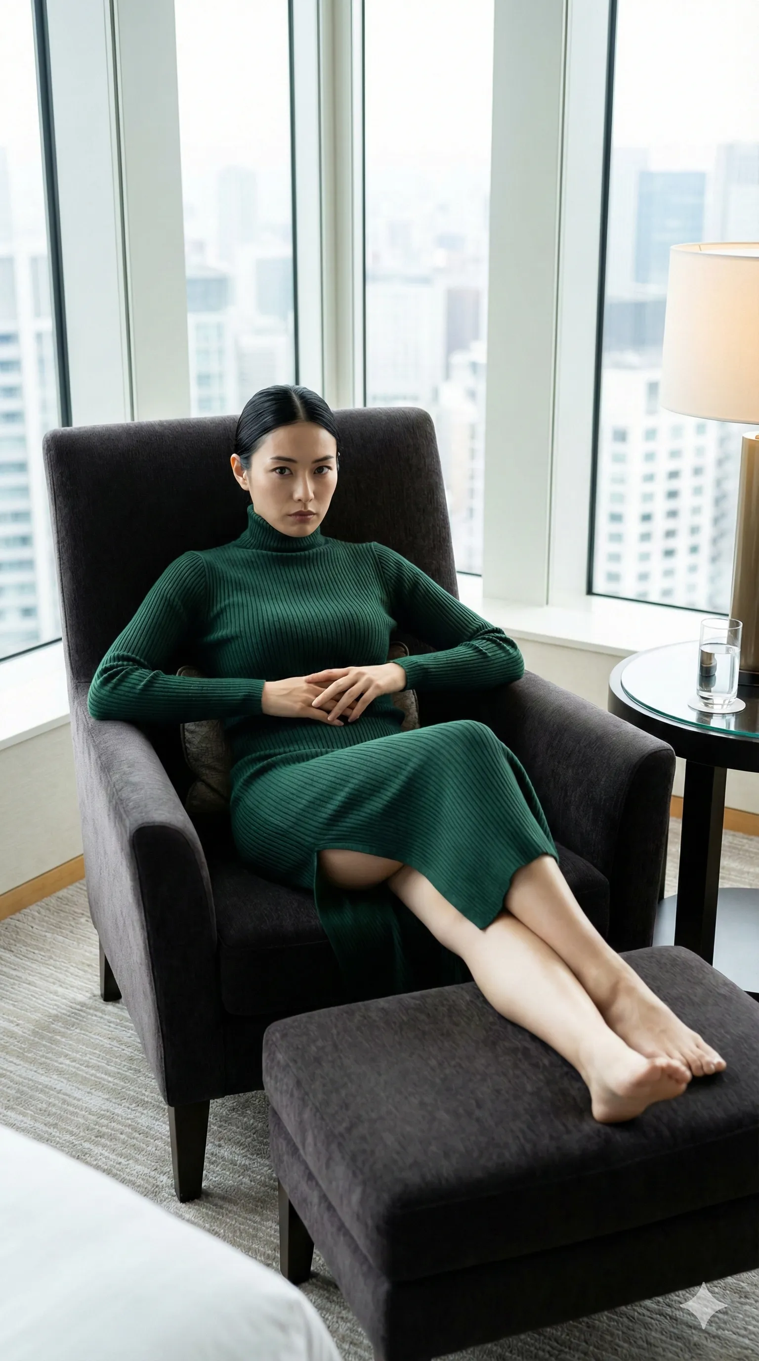 ニットの伸縮性が暴く、彼女の豊満なヒップと脚の繋がり