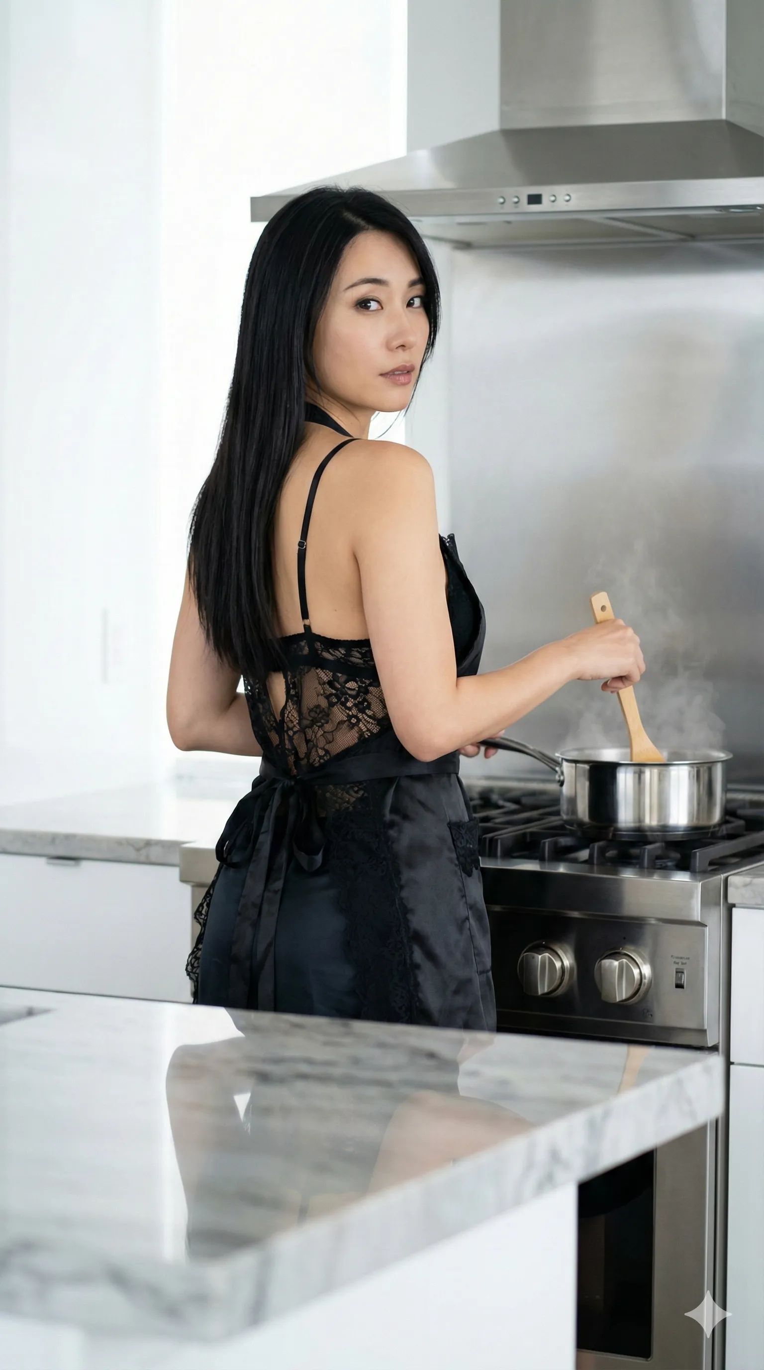 エプロンを纏いながら、大胆に脚を広げるM字開脚ポーズ