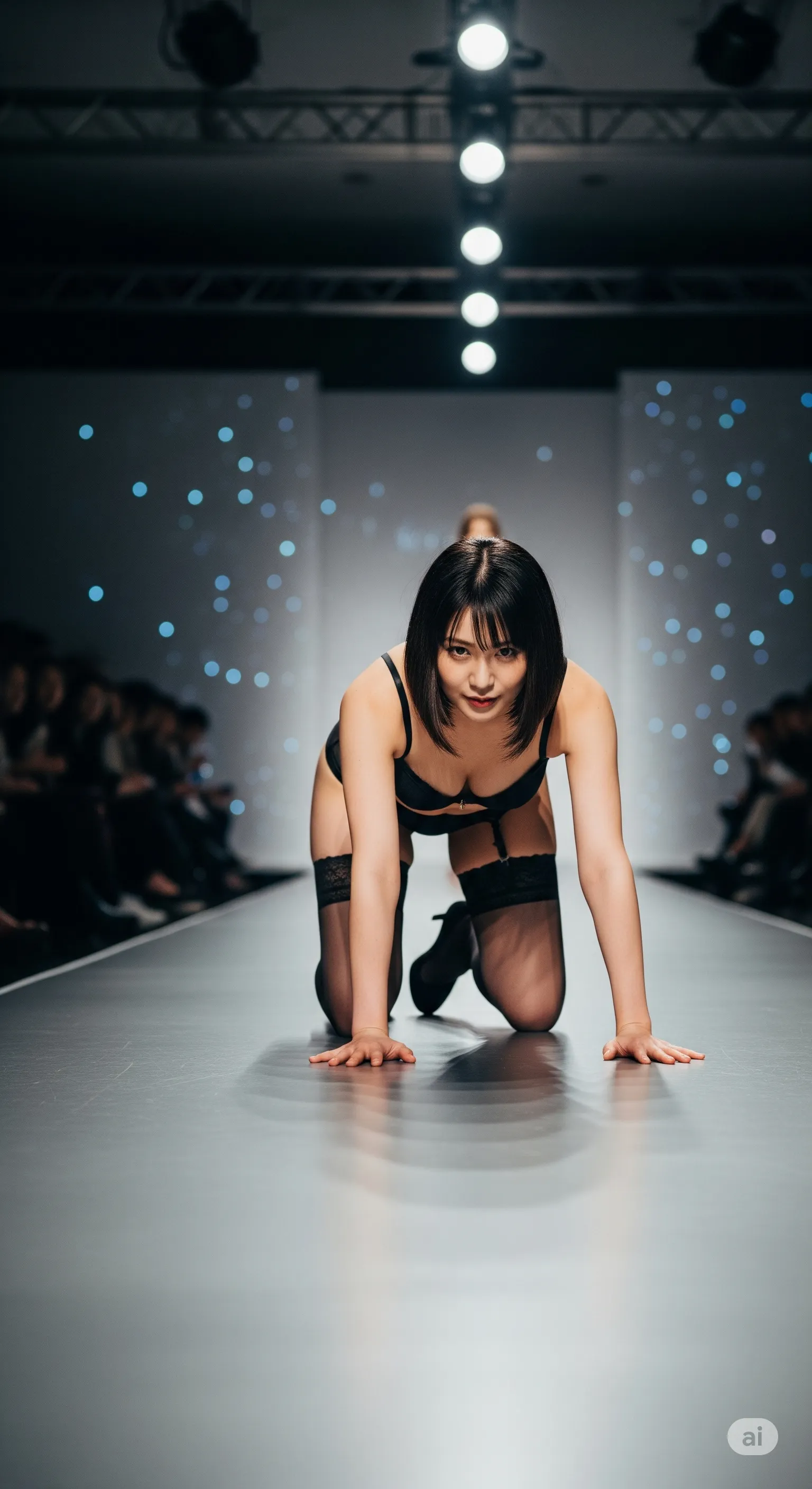 下着ショーで四つん這いになるモデルの美尻フェチショット