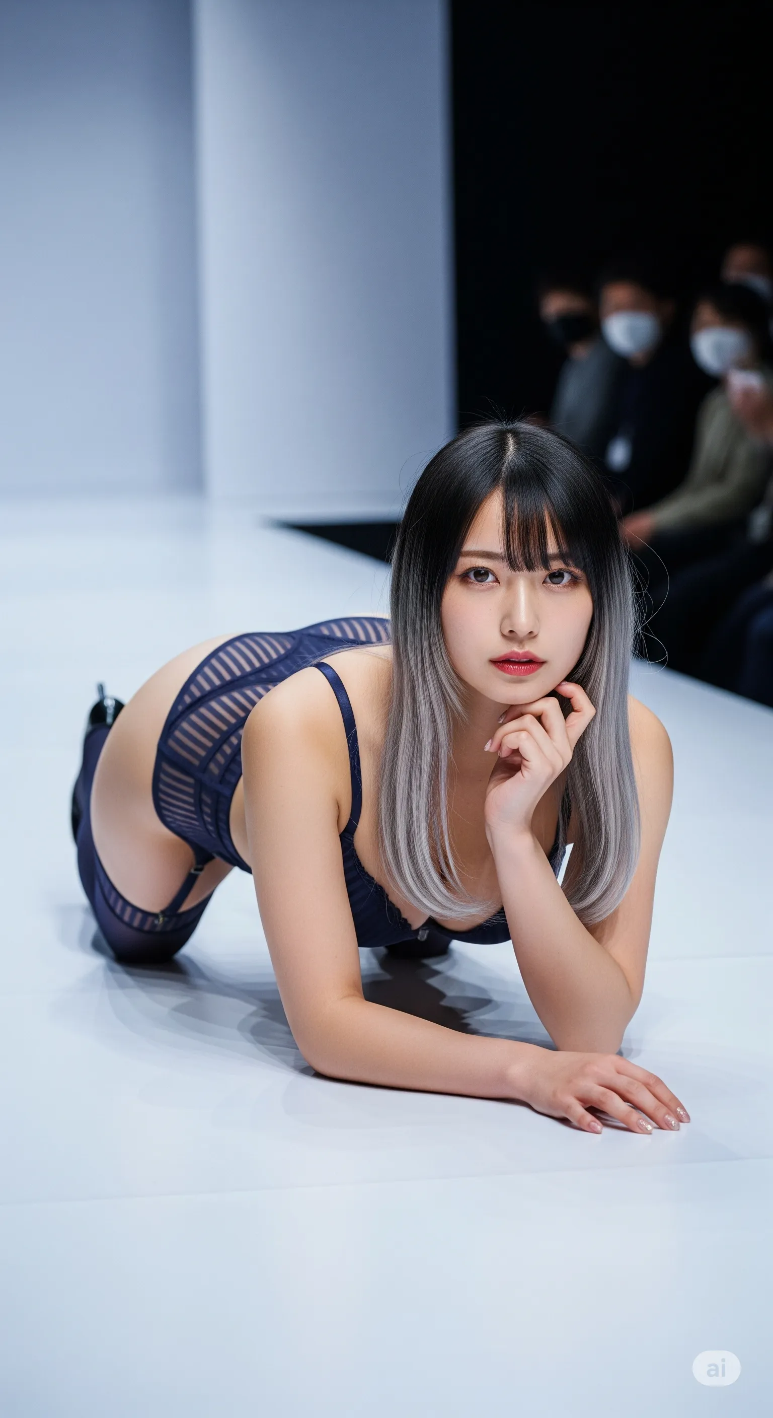 ランウェイで大胆にお尻を見せる妖艶なポーズ