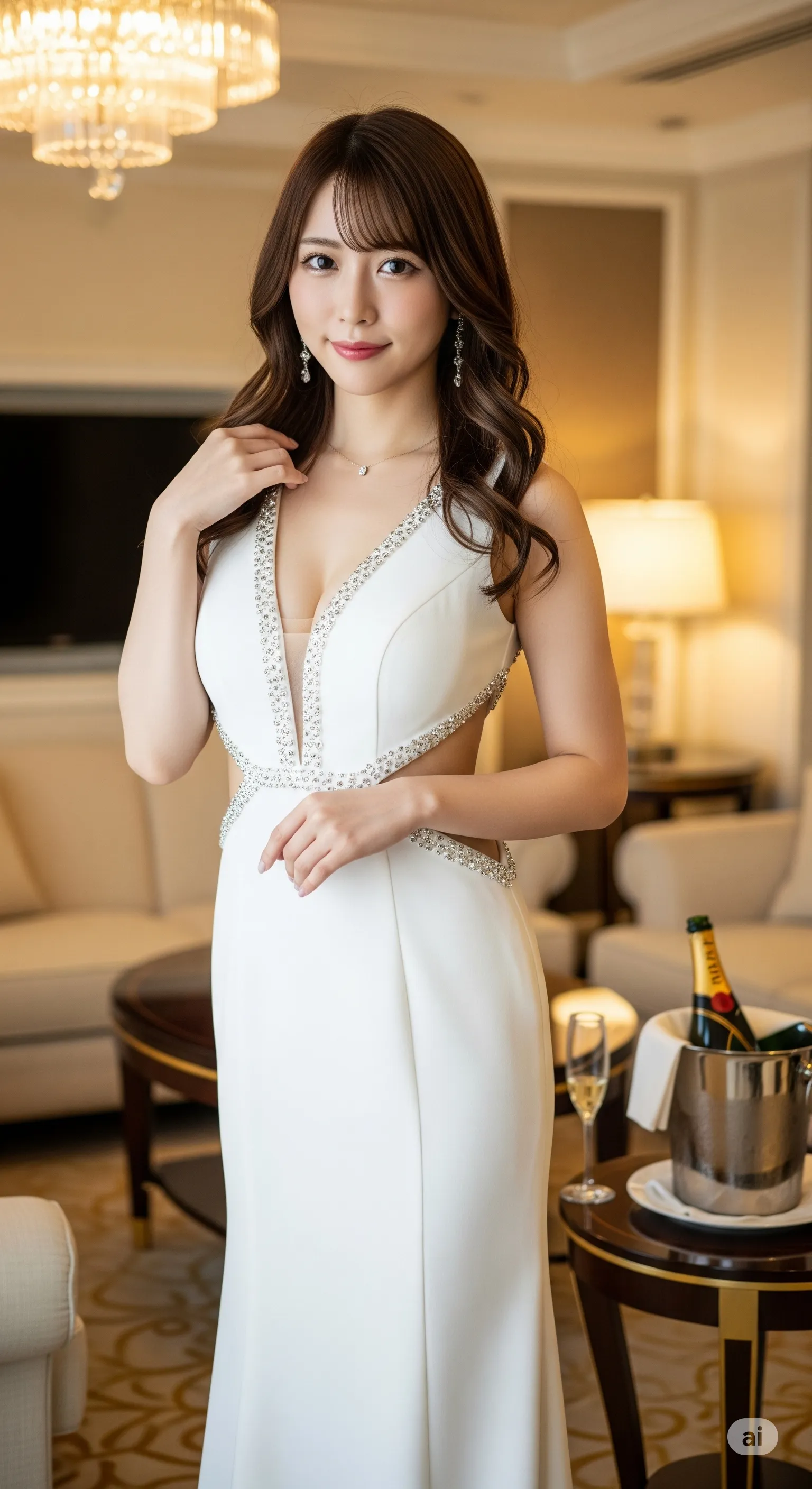 VIPルームの陰影に浮かび上がる、完璧なS字シルエット