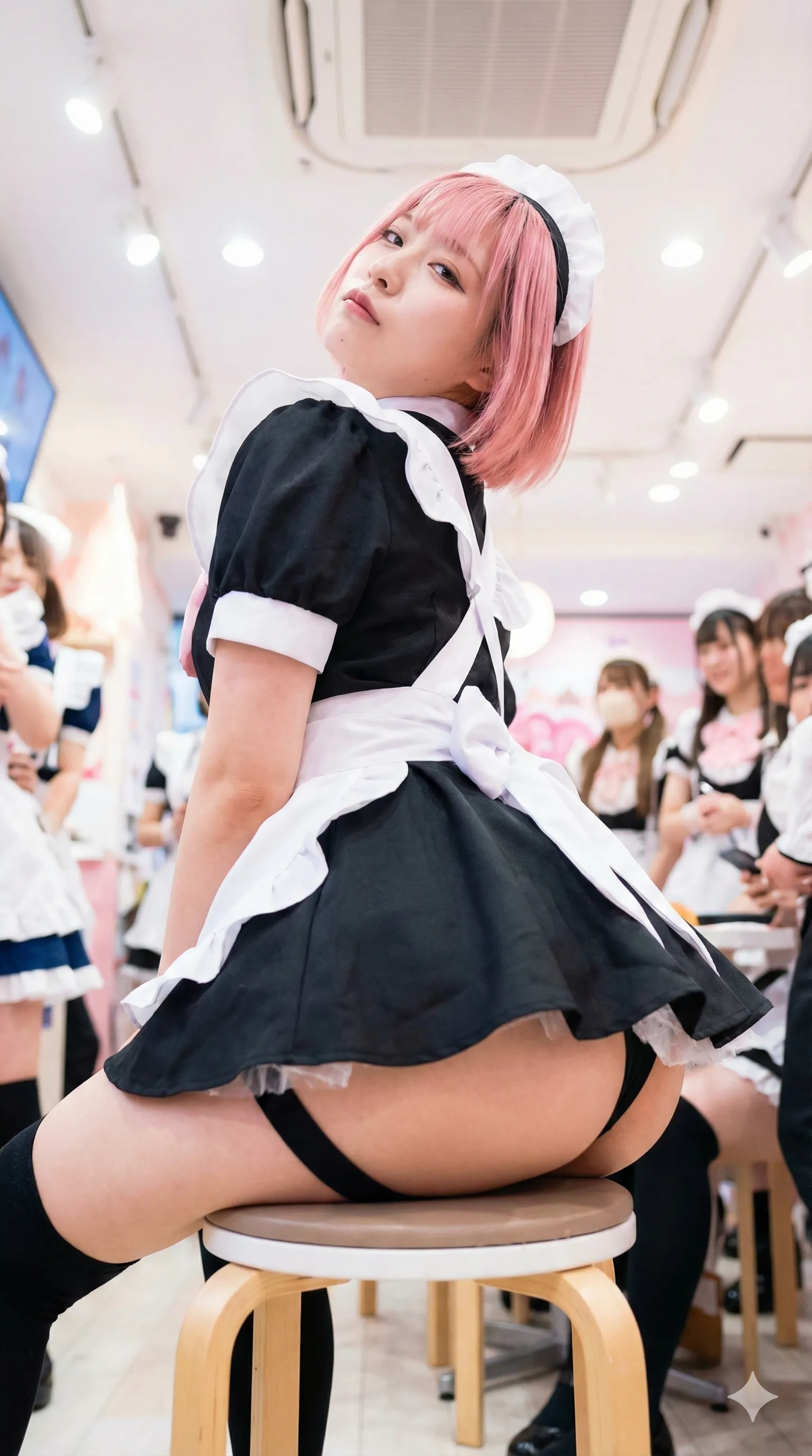 メイド服でしゃがみ姿勢から尻を強調するピンク髪美女 011