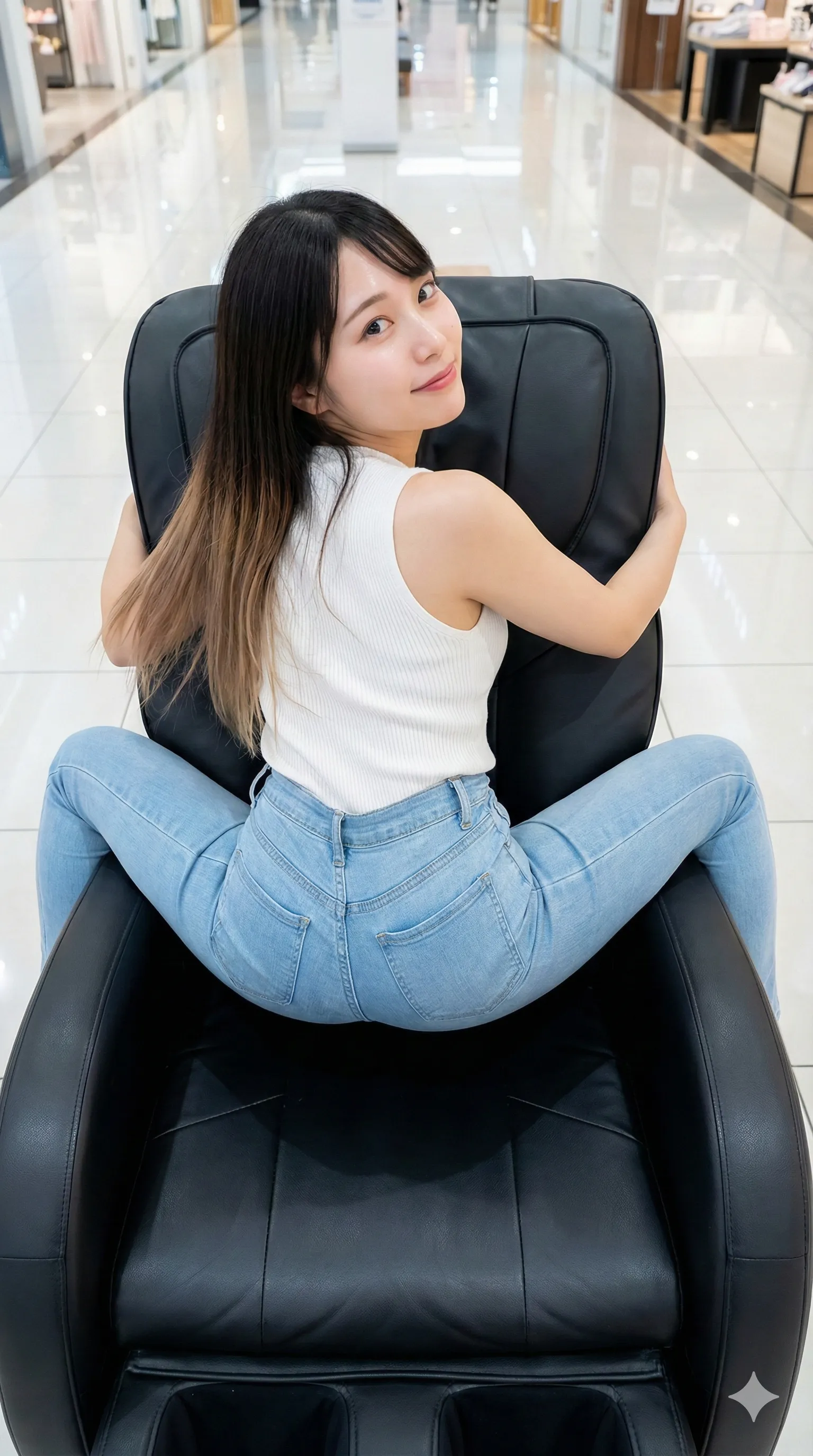 マッサージチェア 逆立ち気味 ポニーテール 若い女性 ヒップ強調 003