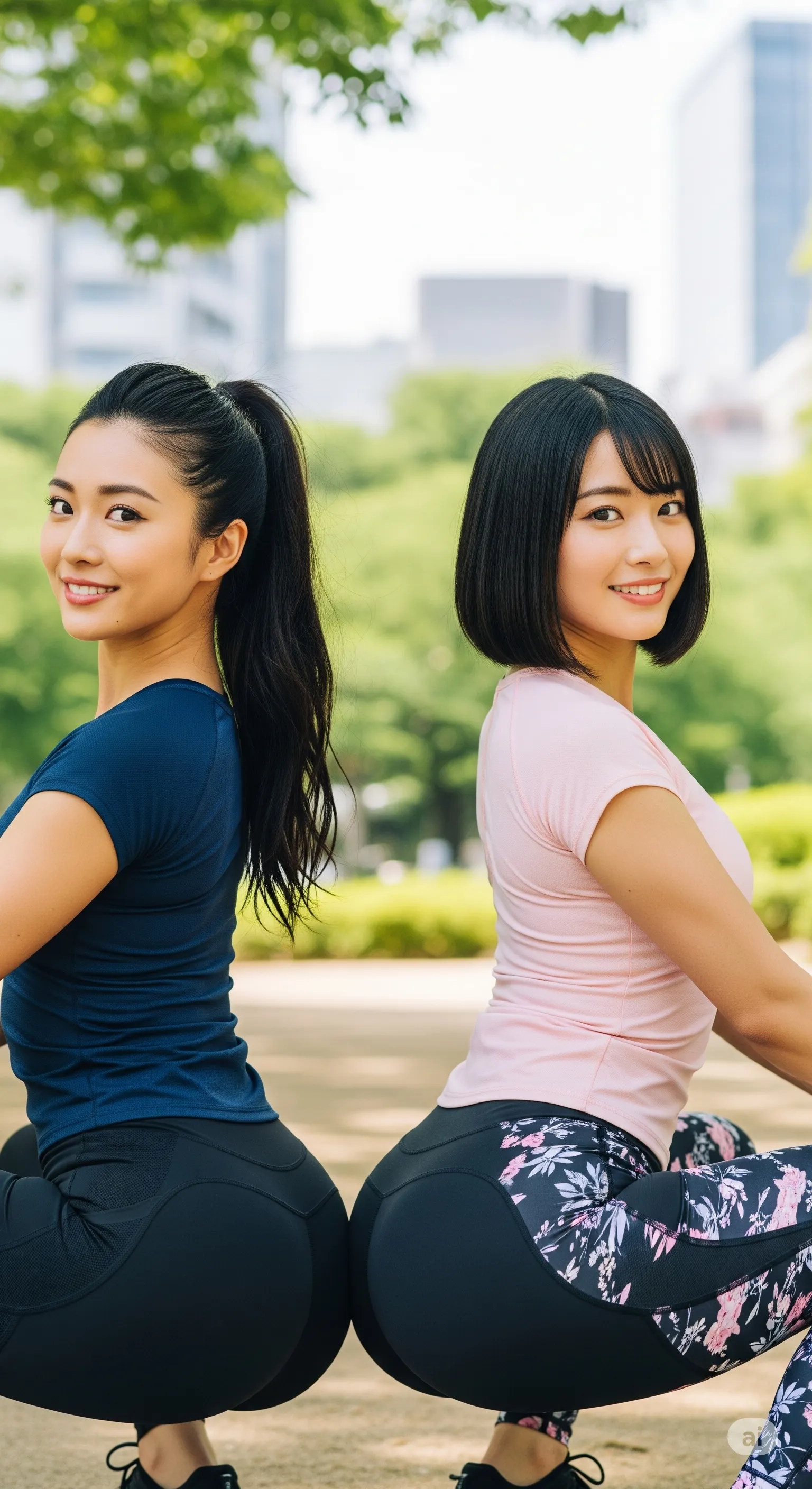 並んで走る二人組ジョガーの並んだレギンス尻