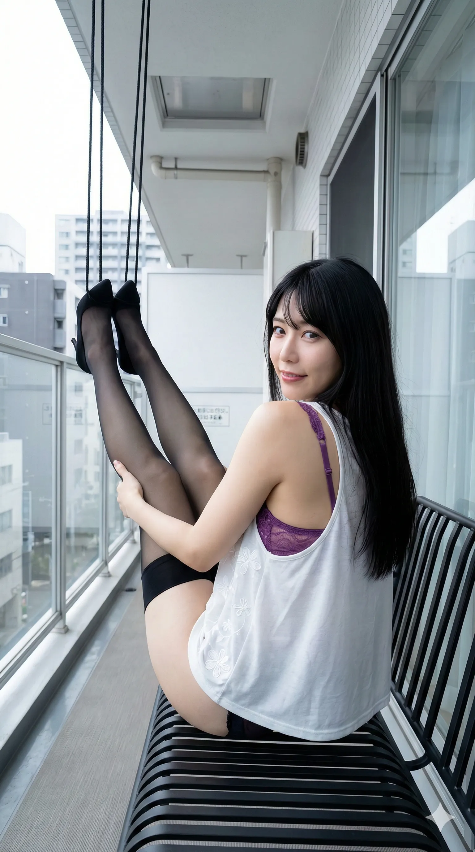 人妻の露出感あるベランダ開脚ショット 紫下着が覗く 024