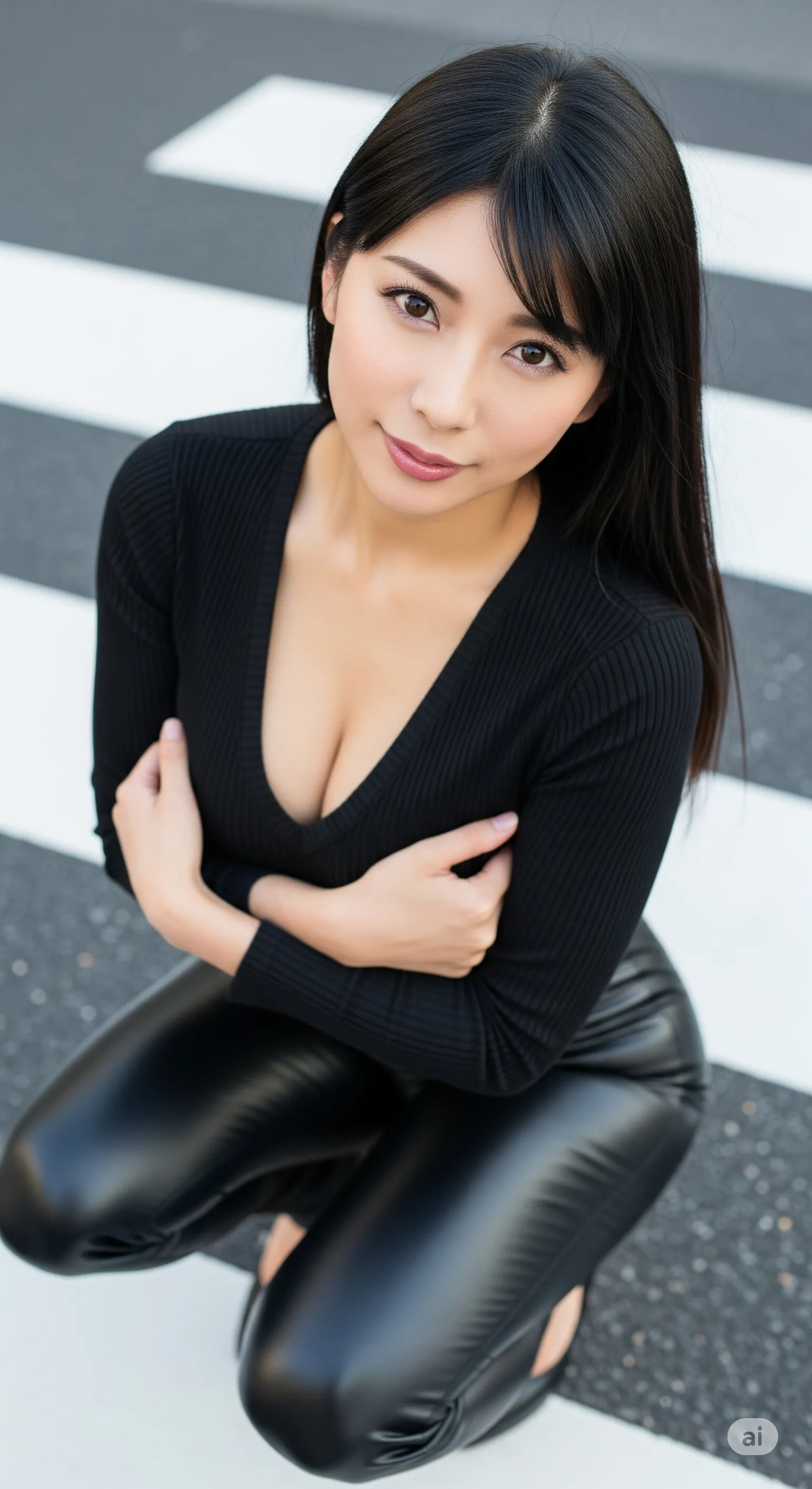 巨乳妻 黒タイト 横断歩道 微エロ 003