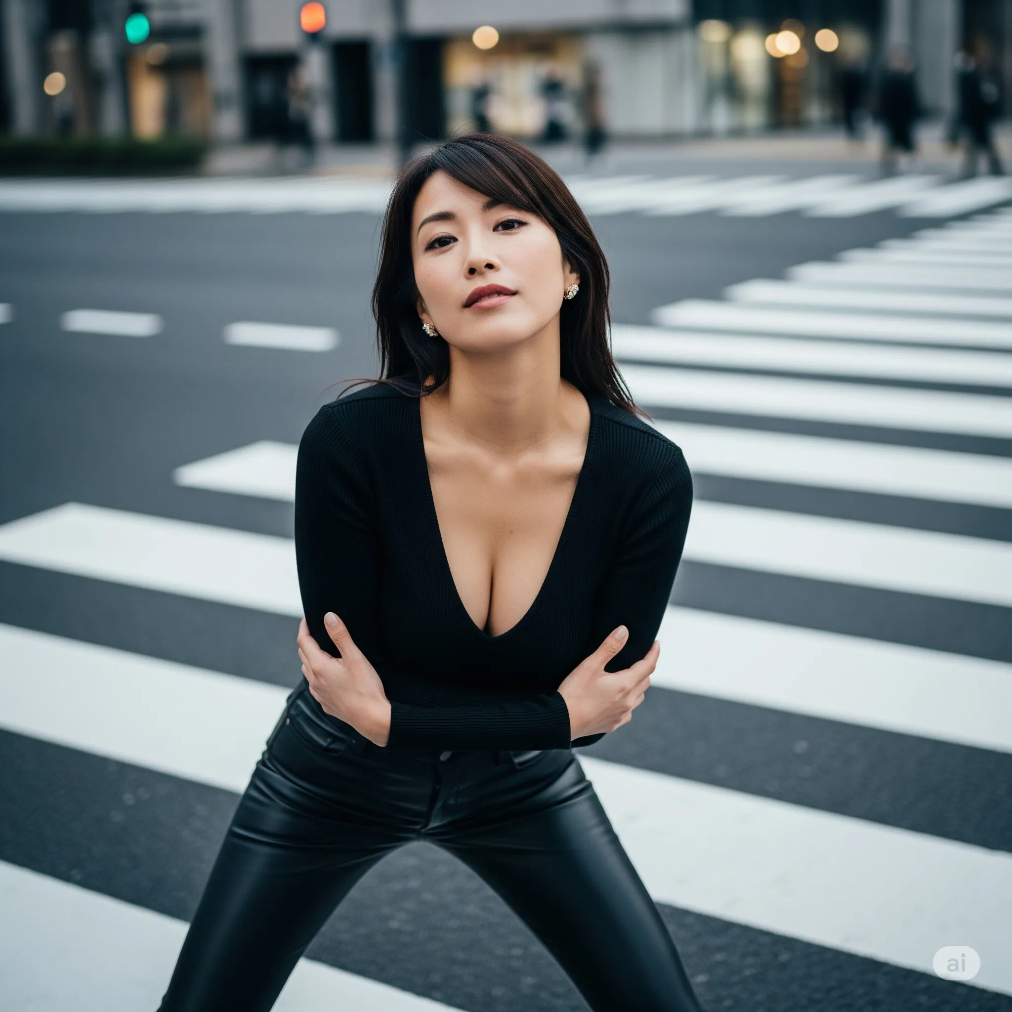 巨乳妻 黒タイト 横断歩道 微エロ 009