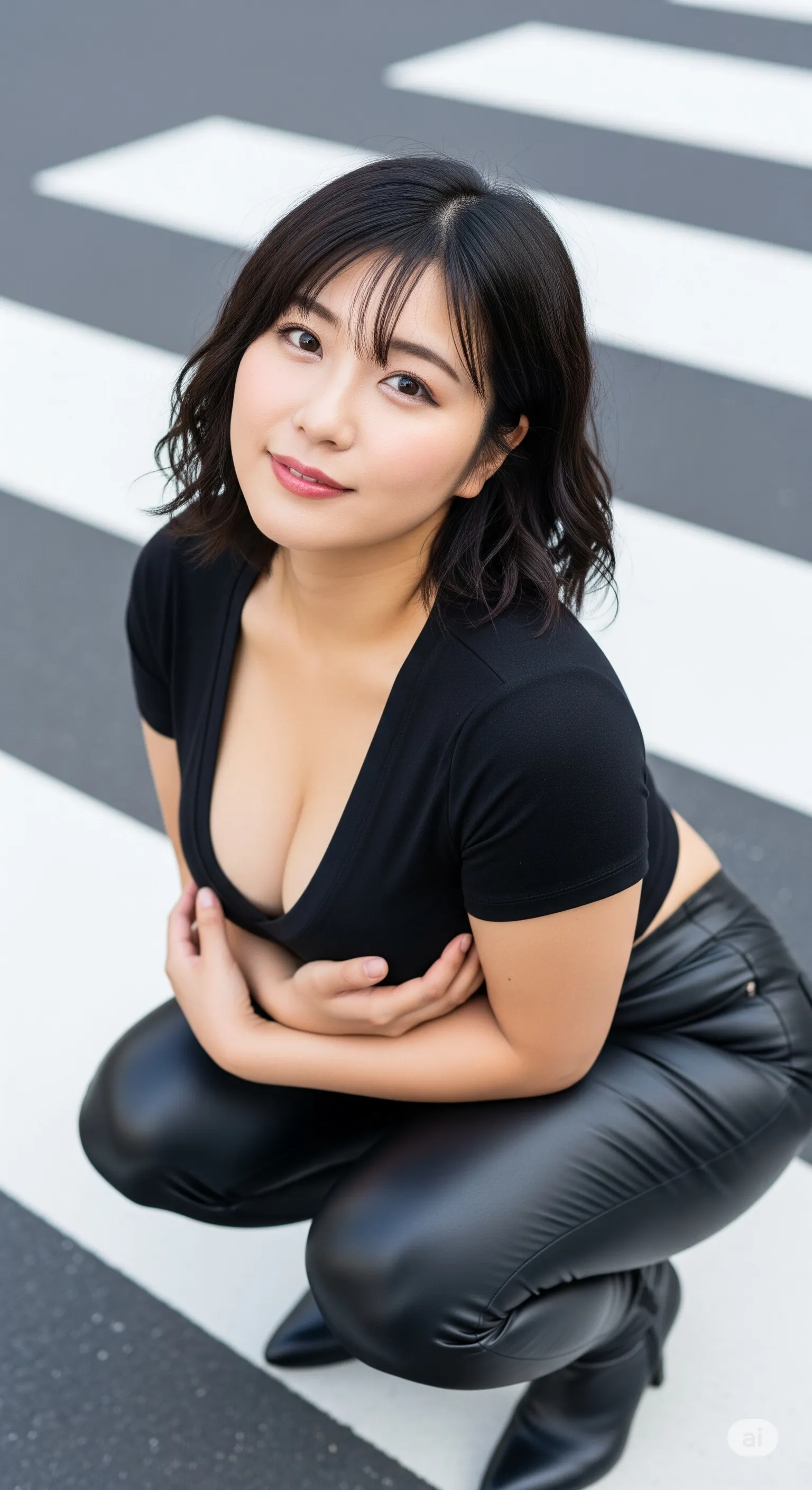 巨乳妻 黒タイト 横断歩道 微エロ 011