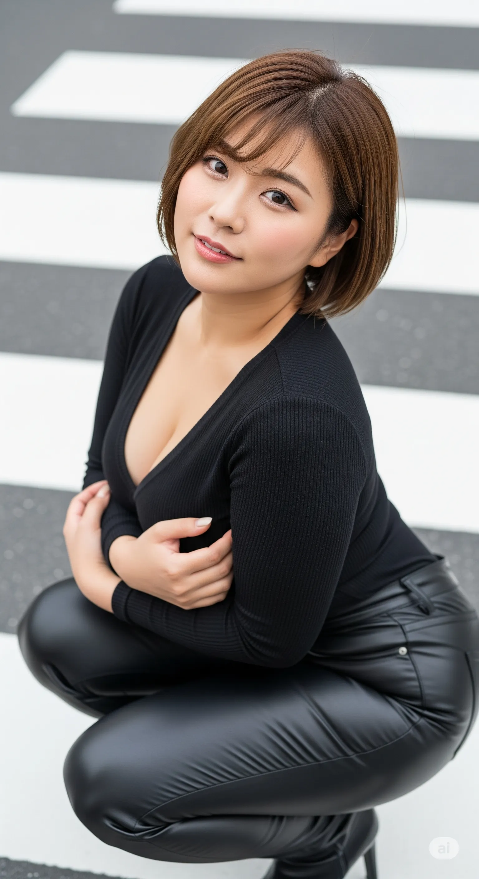 巨乳妻 黒タイト 横断歩道 微エロ 012