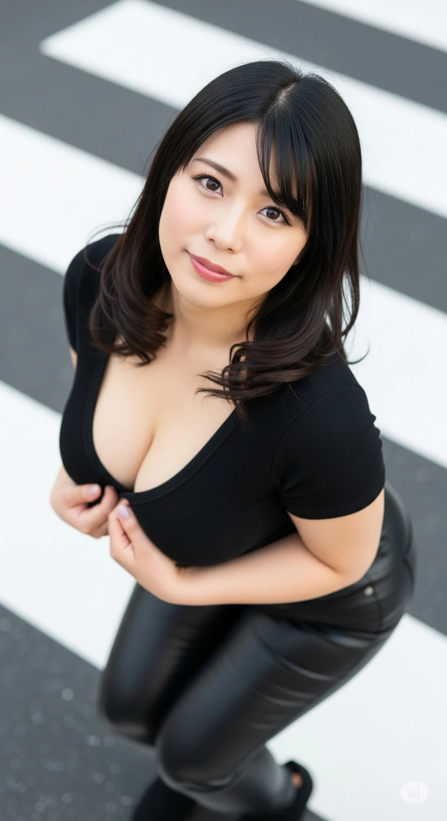 巨乳妻 黒タイト 横断歩道 微エロ 013